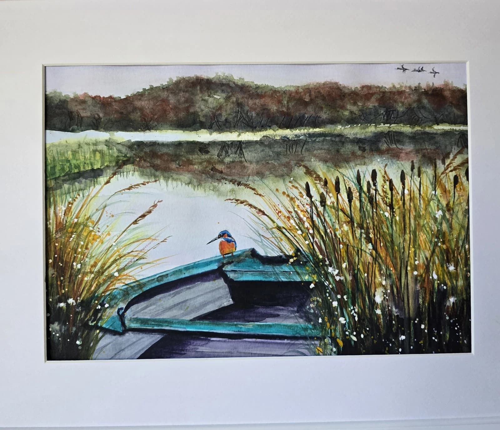 Watercolour Painting Boat Kingfisher Reeds Bullrushes Lake Framed thumbnail 11