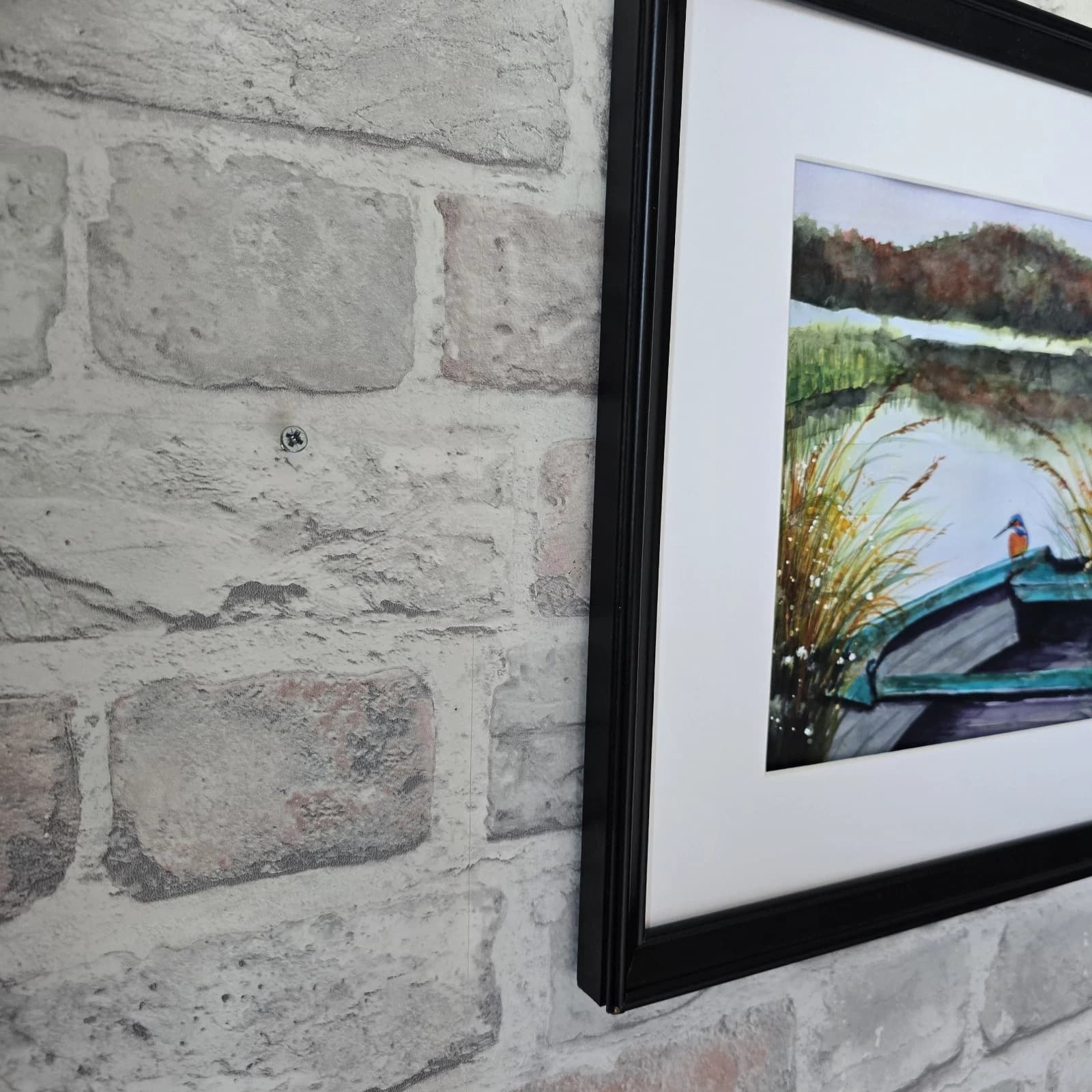 Watercolour Painting Boat Kingfisher Reeds Bullrushes Lake Framed thumbnail 3