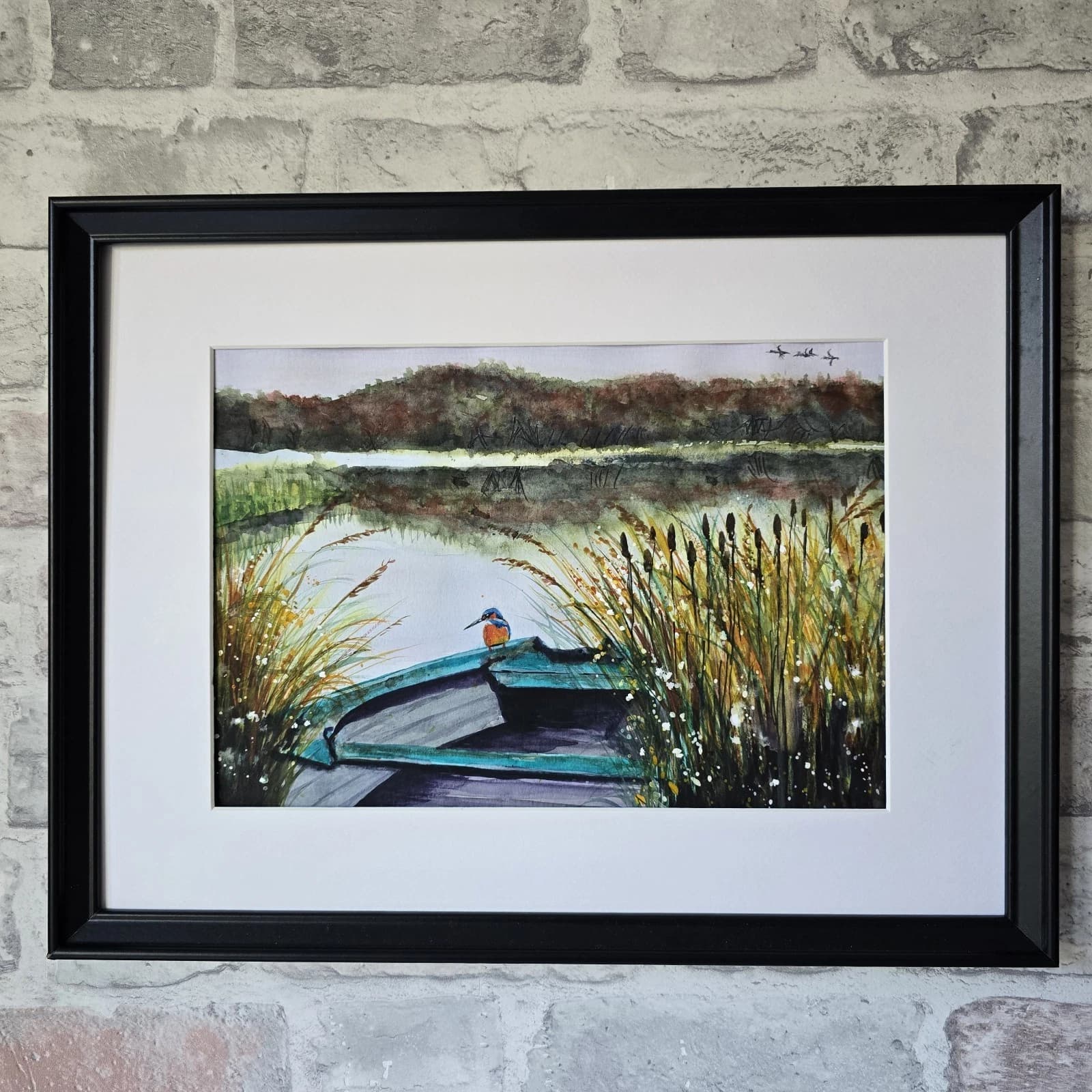 Watercolour Painting Boat Kingfisher Reeds Bullrushes Lake Framed thumbnail 4