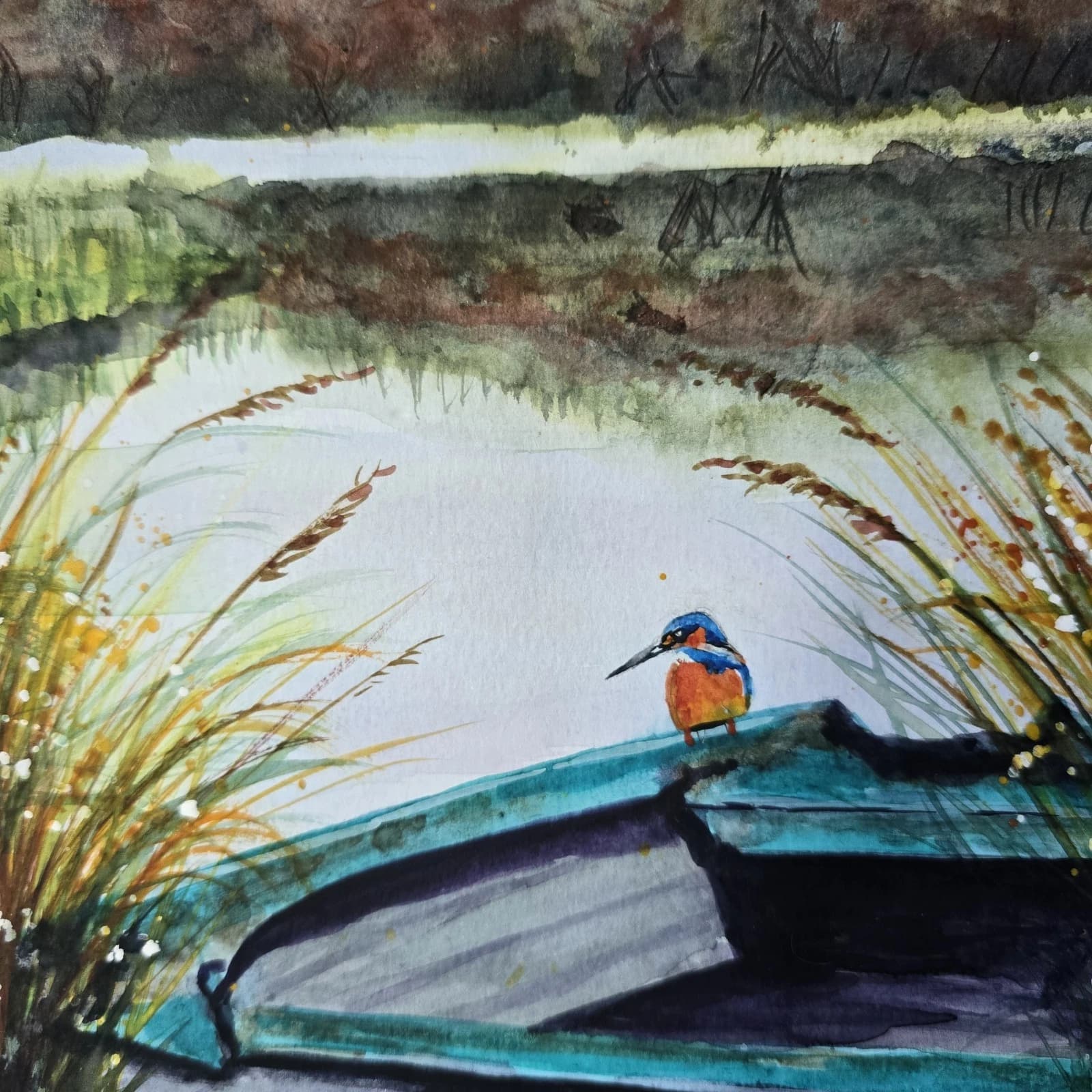 Watercolour Painting Boat Kingfisher Reeds Bullrushes Lake Framed thumbnail 5