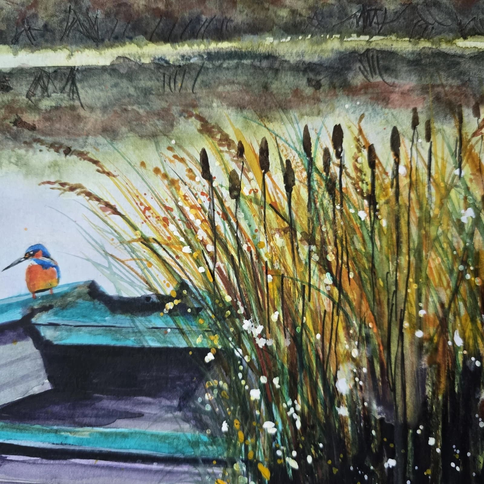 Watercolour Painting Boat Kingfisher Reeds Bullrushes Lake Framed thumbnail 6