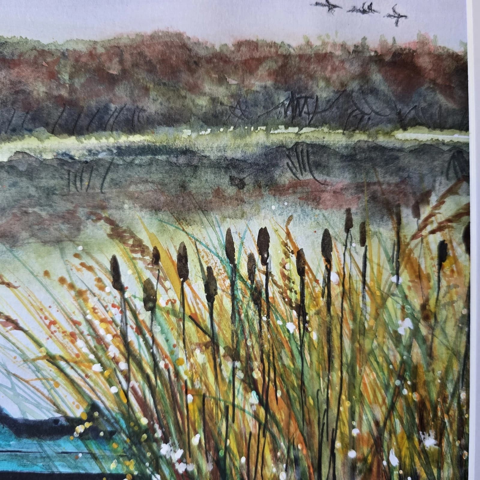 Watercolour Painting Boat Kingfisher Reeds Bullrushes Lake Framed thumbnail 7