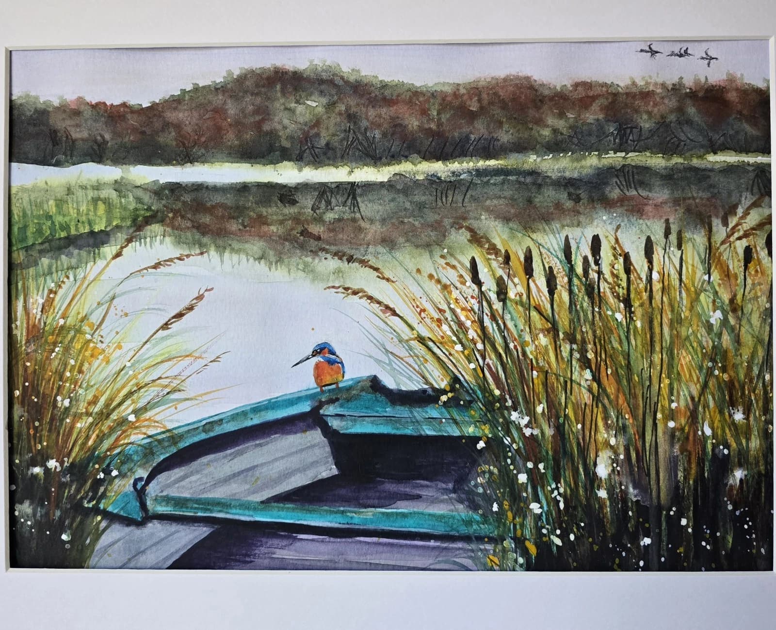 Watercolour Painting Boat Kingfisher Reeds Bullrushes Lake Framed thumbnail 9