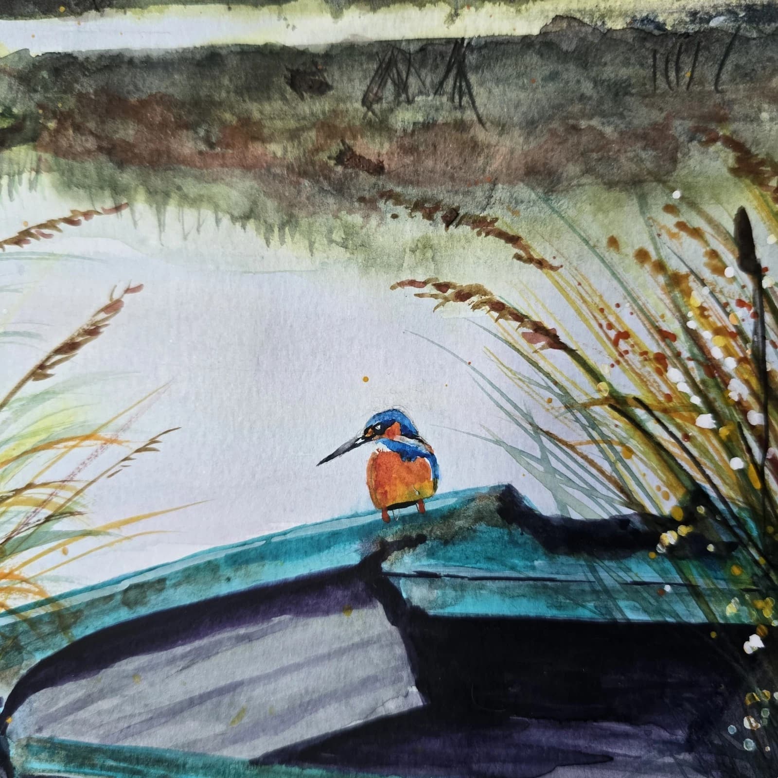 Watercolour Painting Boat Kingfisher Reeds Bullrushes Lake Framed thumbnail 10