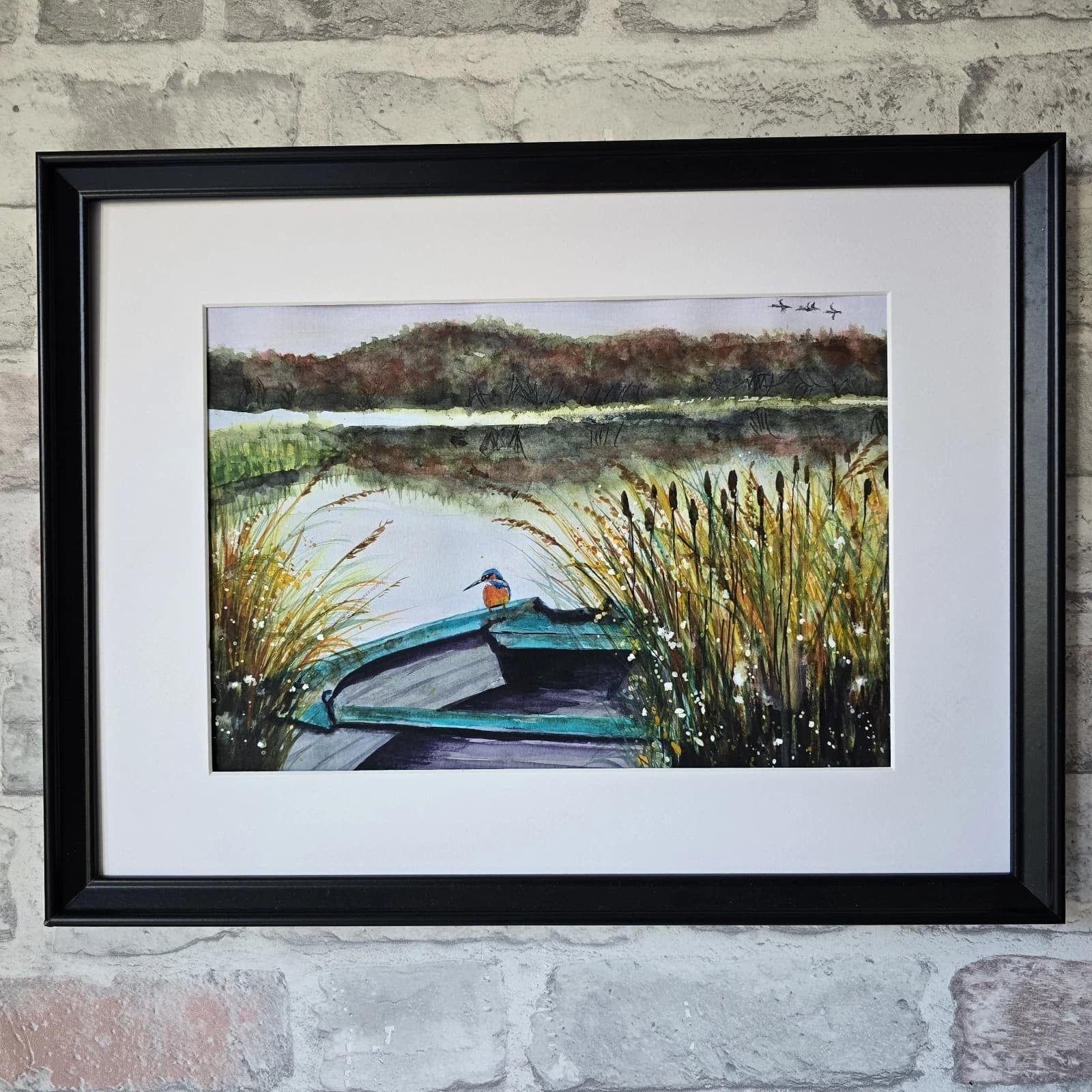Watercolour Painting Boat Kingfisher Reeds Bullrushes Lake Framed