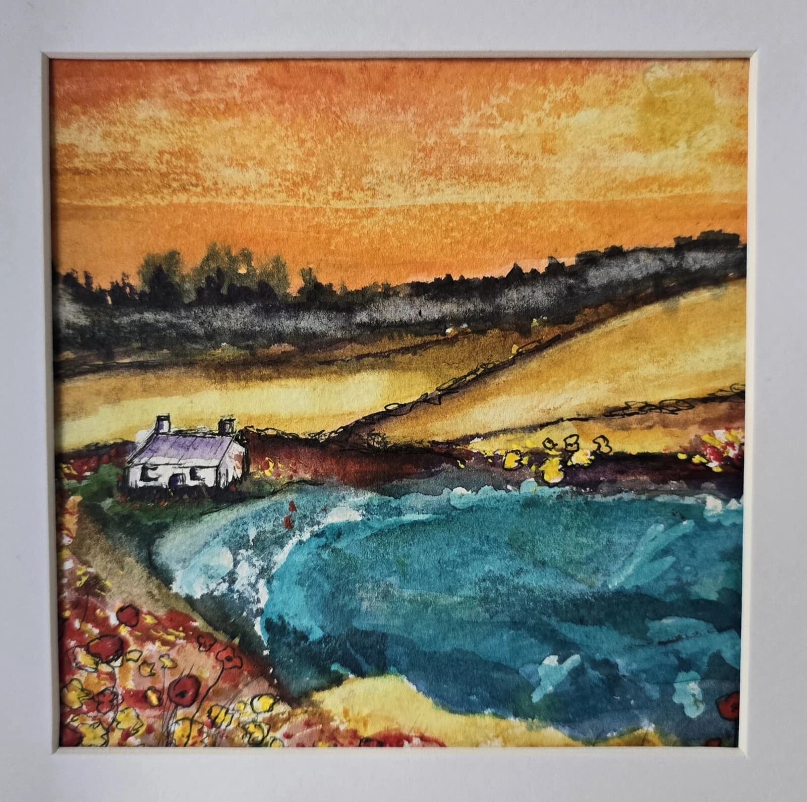 Watercolour Painting Coastal Cottage Box-Frame