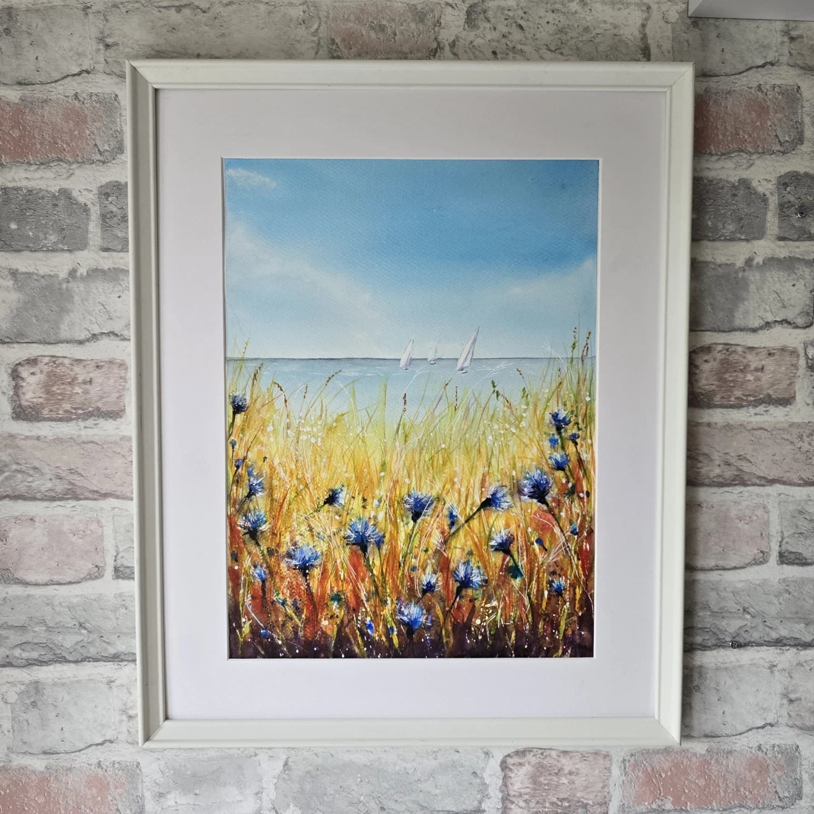 Watercolour Painting Floral Coastal Boats Framed Cornflowers thumbnail 2