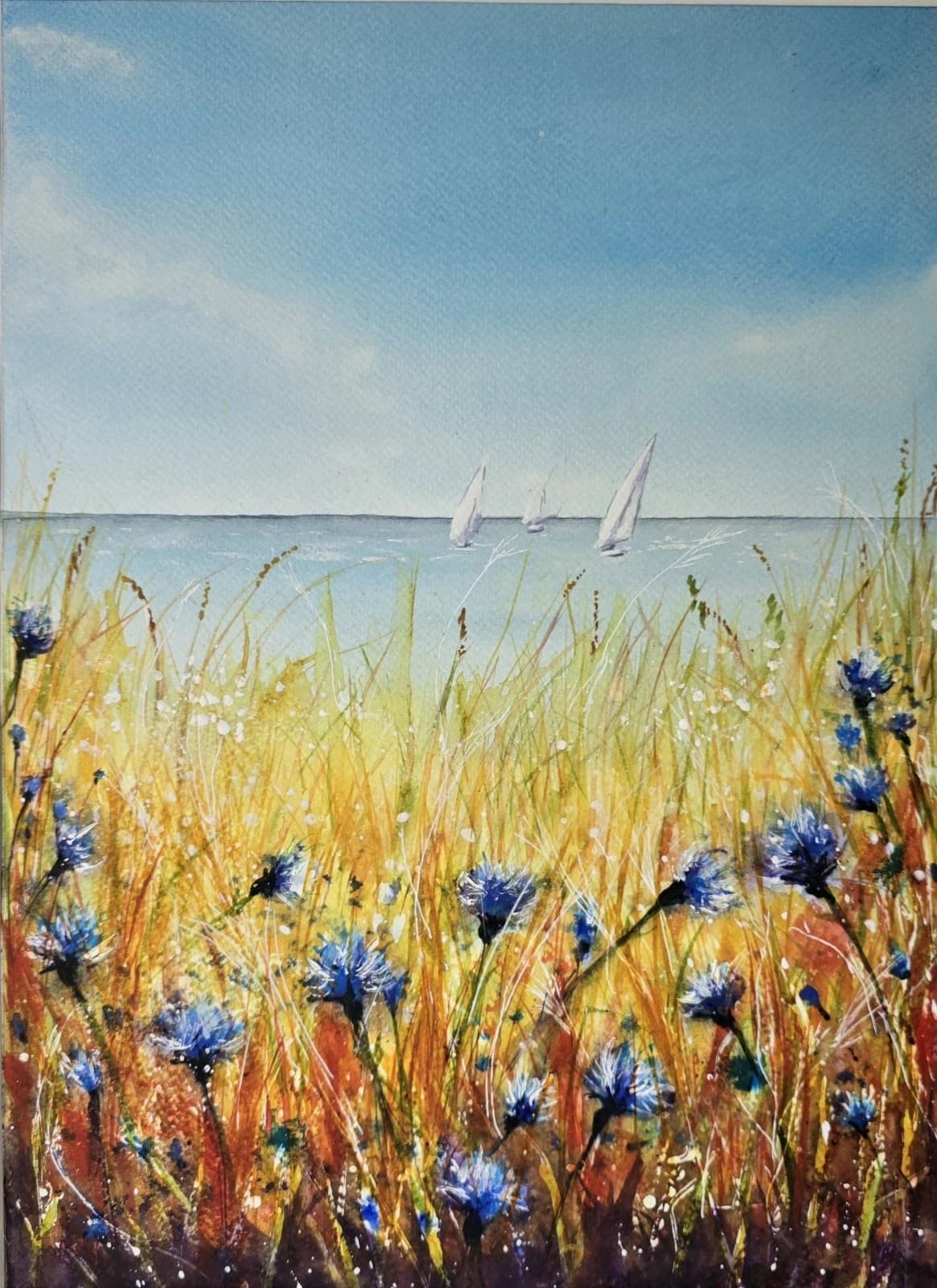 Watercolour Painting Floral Coastal Boats Framed Cornflowers thumbnail 12