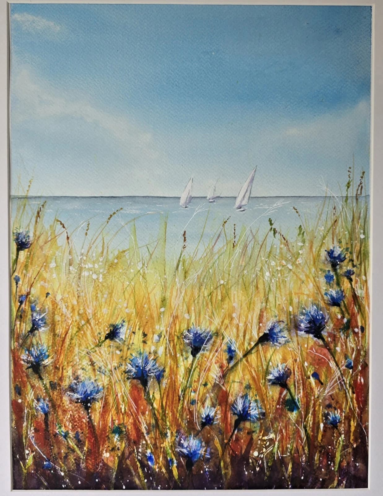 Watercolour Painting Floral Coastal Boats Framed Cornflowers thumbnail 16