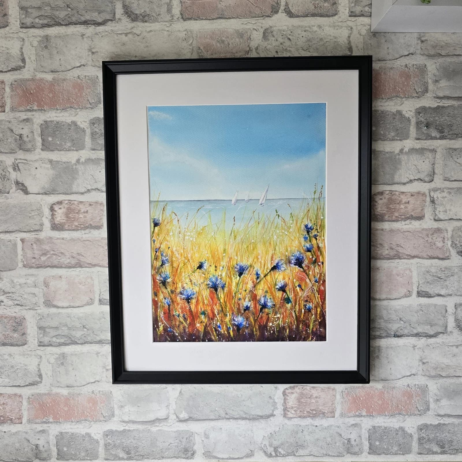 Watercolour Painting Floral Coastal Boats Framed Cornflowers thumbnail 3