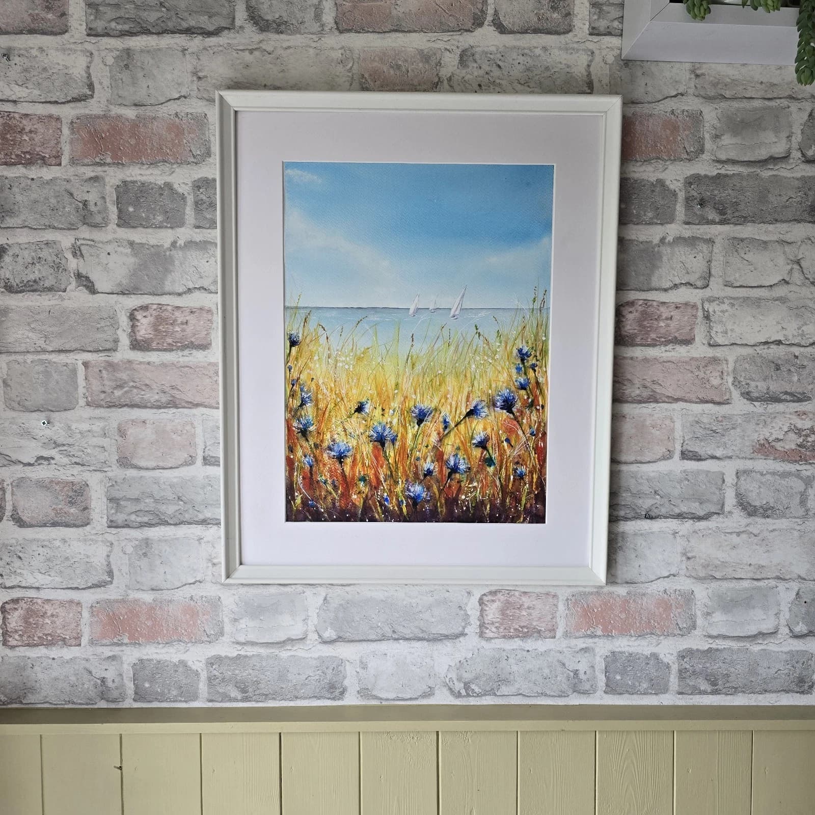 Watercolour Painting Floral Coastal Boats Framed Cornflowers thumbnail 4
