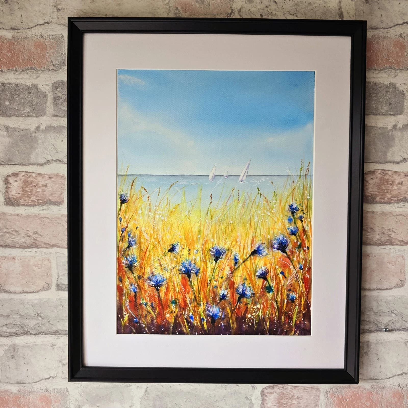 Watercolour Painting Floral Coastal Boats Framed Cornflowers thumbnail 5