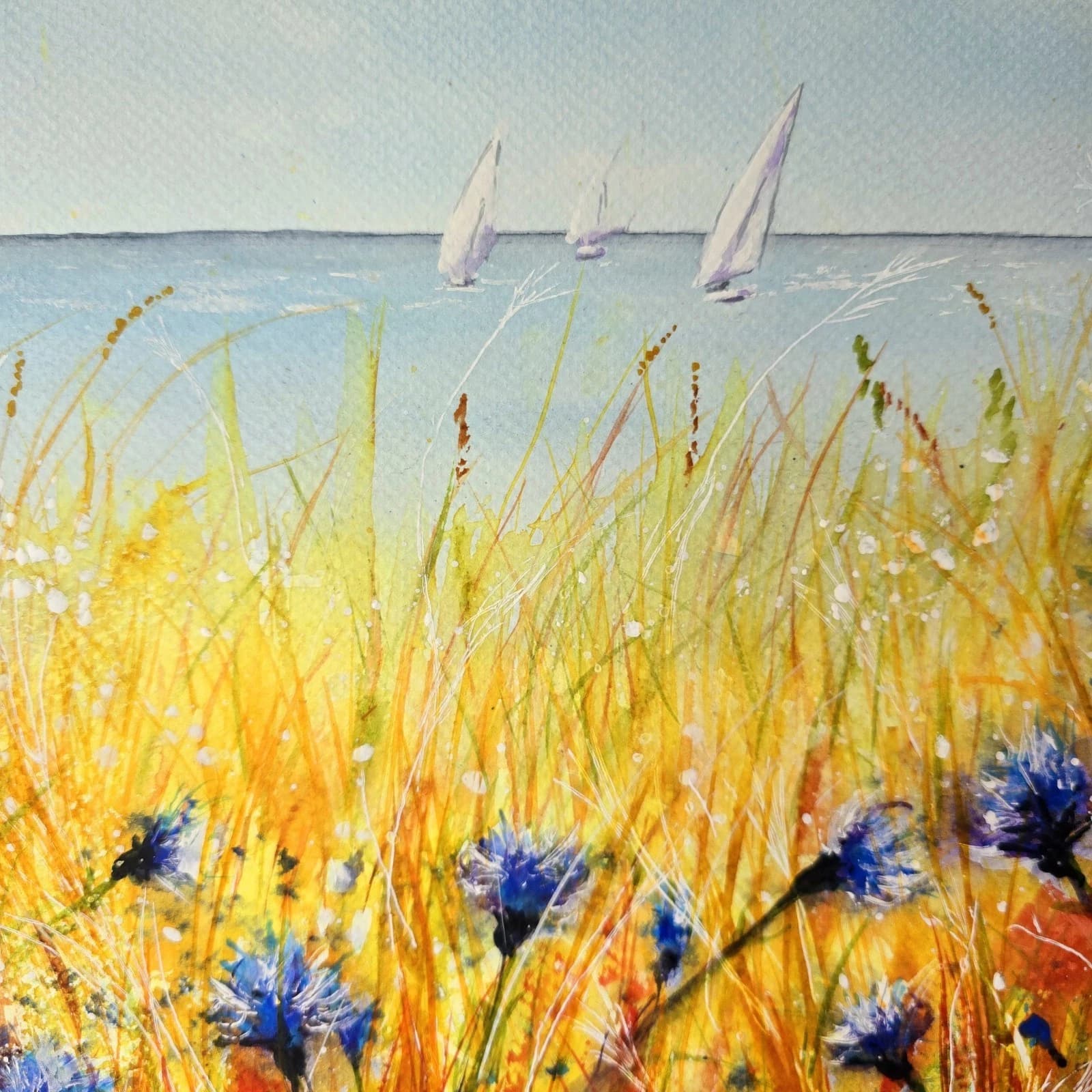 Watercolour Painting Floral Coastal Boats Framed Cornflowers thumbnail 8