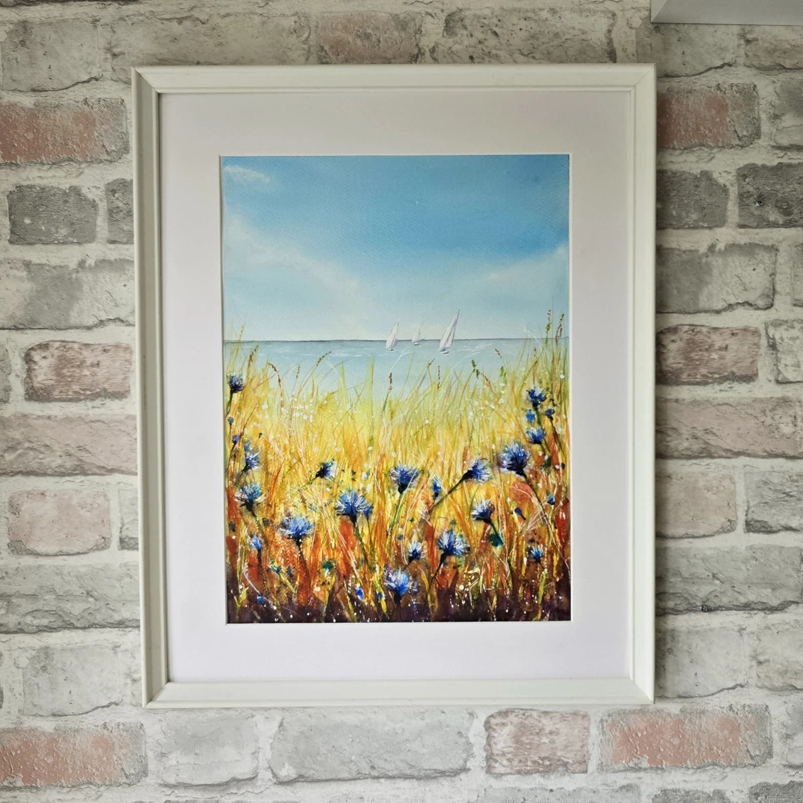 Watercolour Painting Floral Coastal Boats Framed Cornflowers thumbnail 9