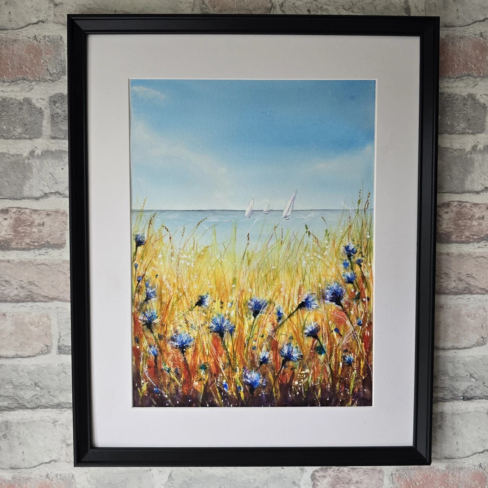 Watercolour Painting Floral Coastal Boats Framed Cornflowers thumbnail 10