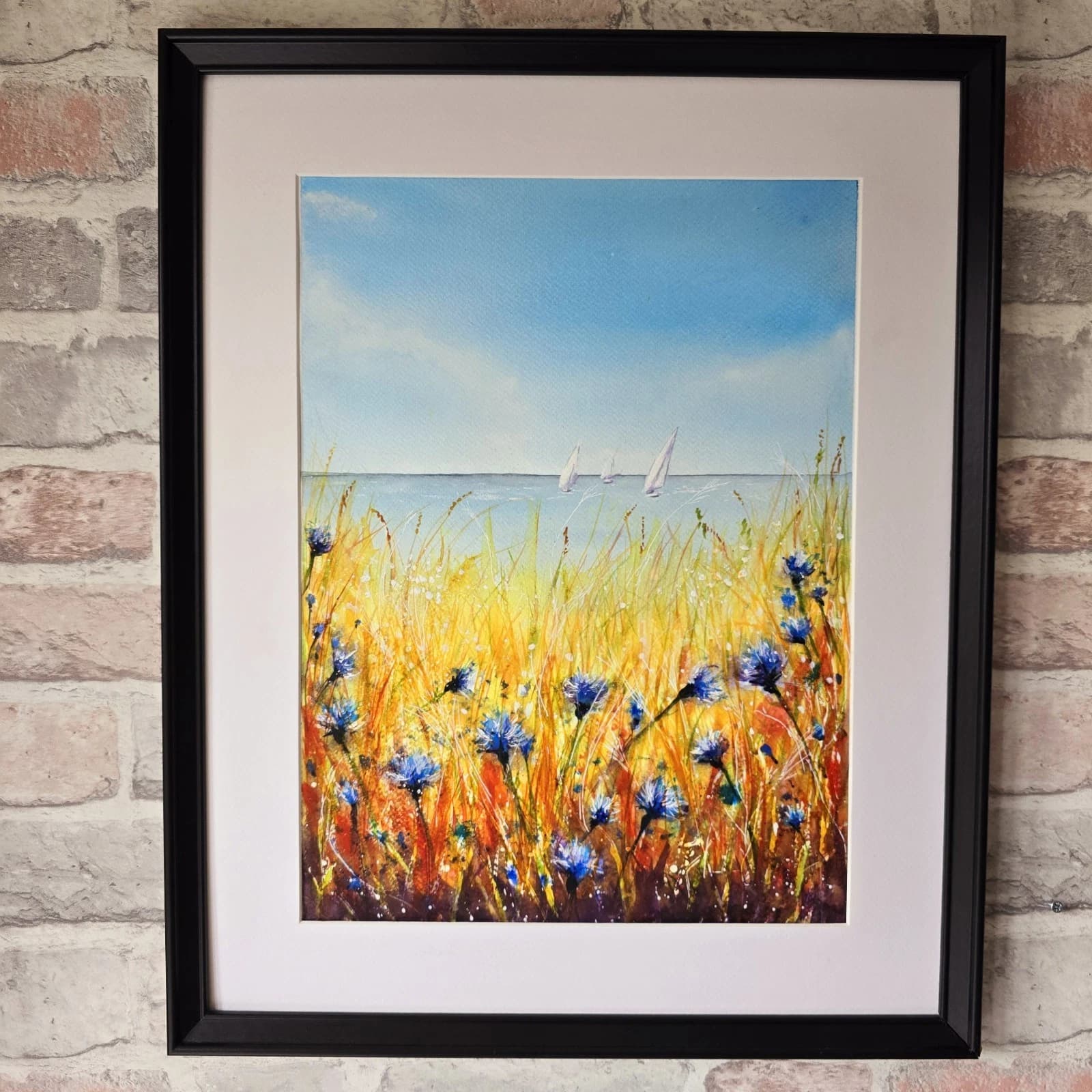 Watercolour Painting Floral Coastal Boats Framed Cornflowers