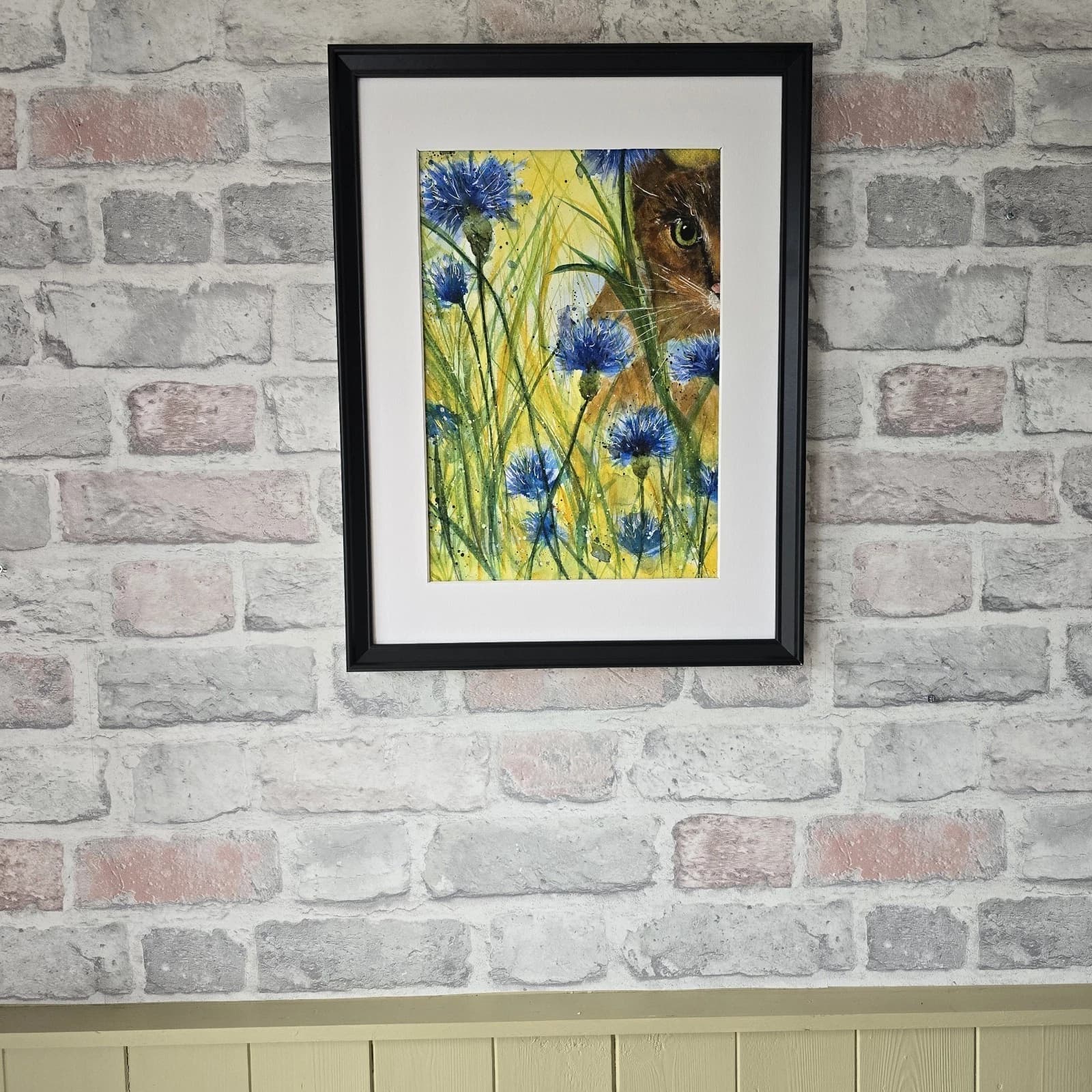 Watercolour Painting Floral Cornflowers Spring Cat Framed thumbnail 2
