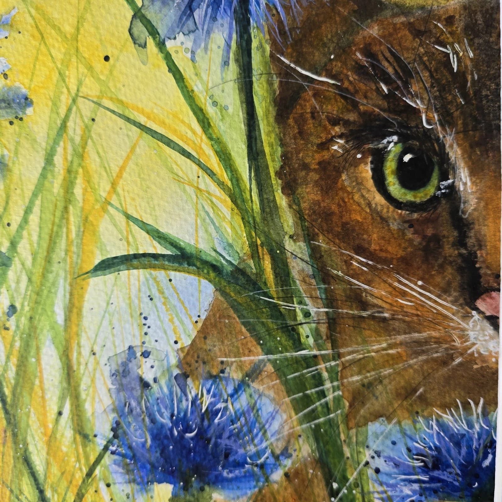 Watercolour Painting Floral Cornflowers Spring Cat Framed thumbnail 11