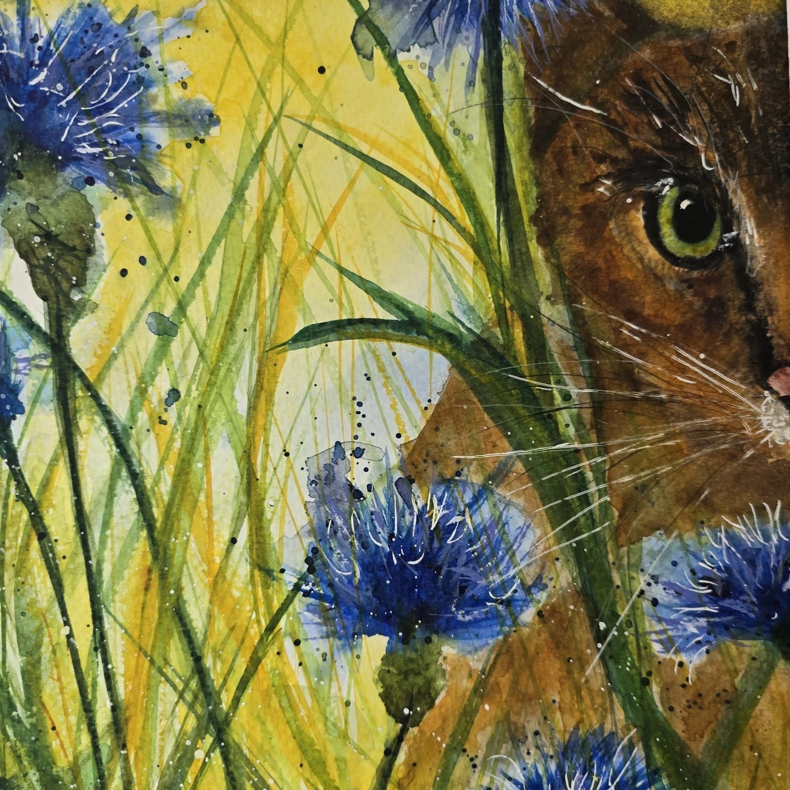 Watercolour Painting Floral Cornflowers Spring Cat Framed thumbnail 14