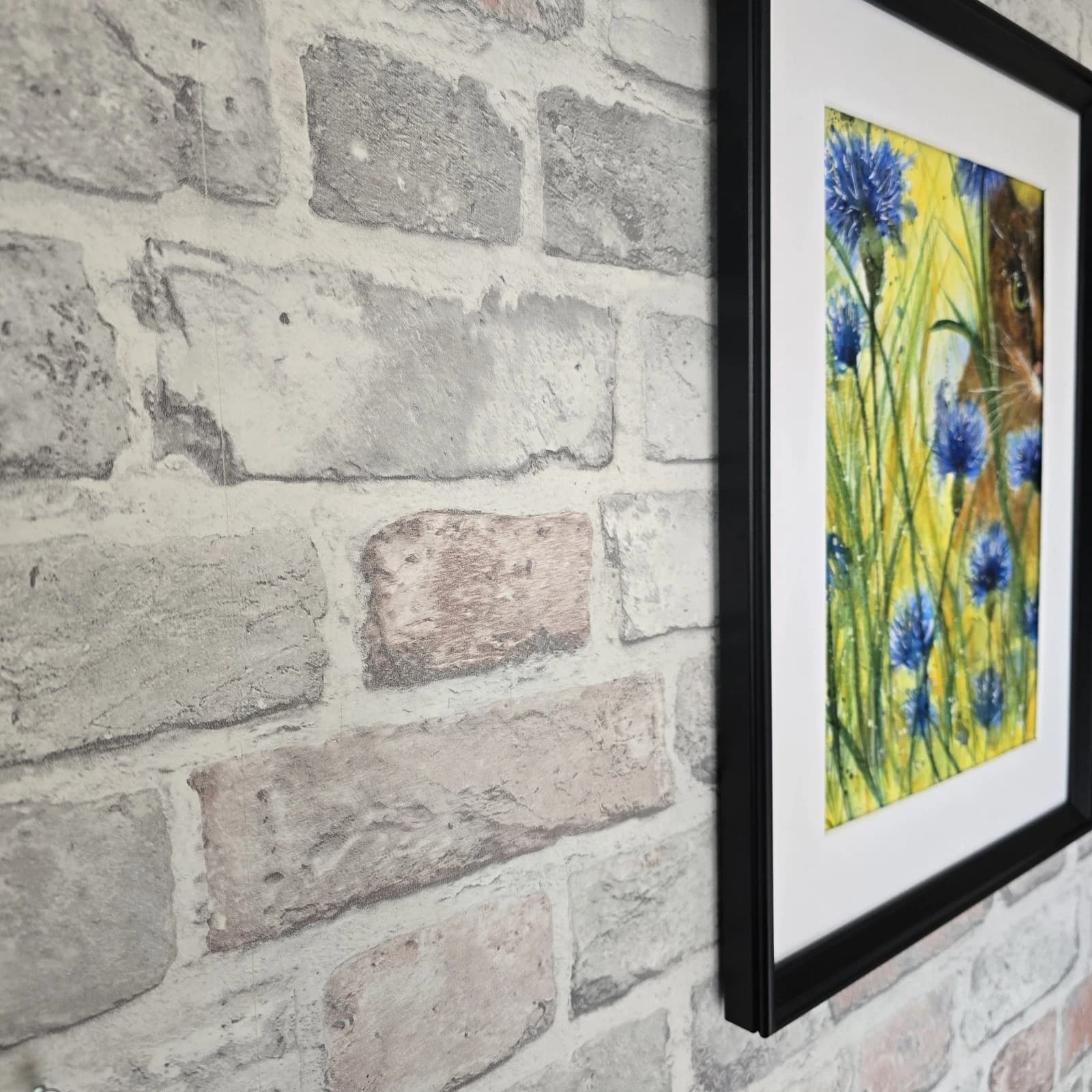 Watercolour Painting Floral Cornflowers Spring Cat Framed thumbnail 3