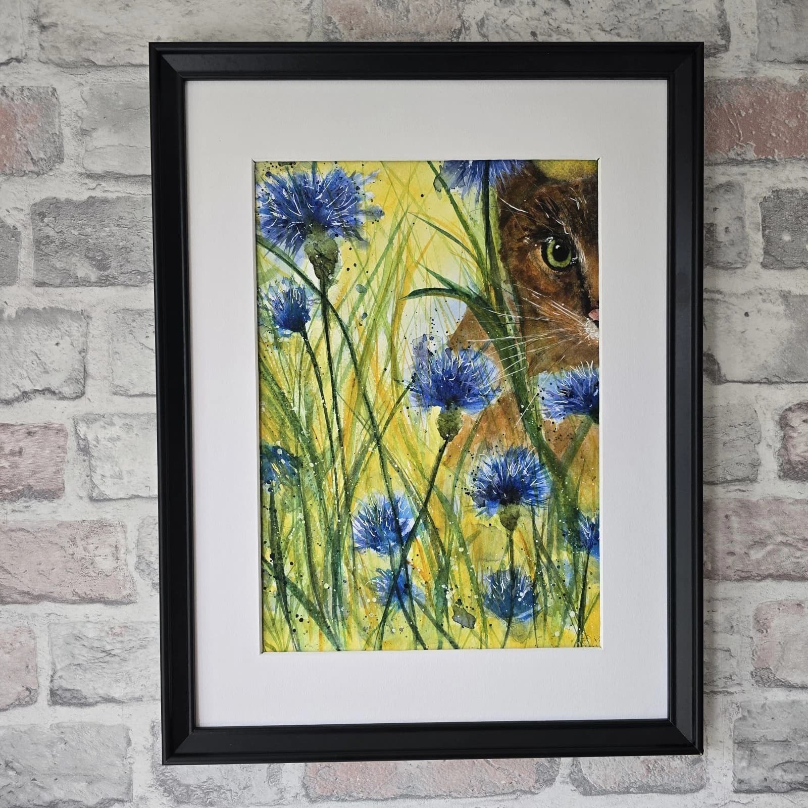 Watercolour Painting Floral Cornflowers Spring Cat Framed thumbnail 4
