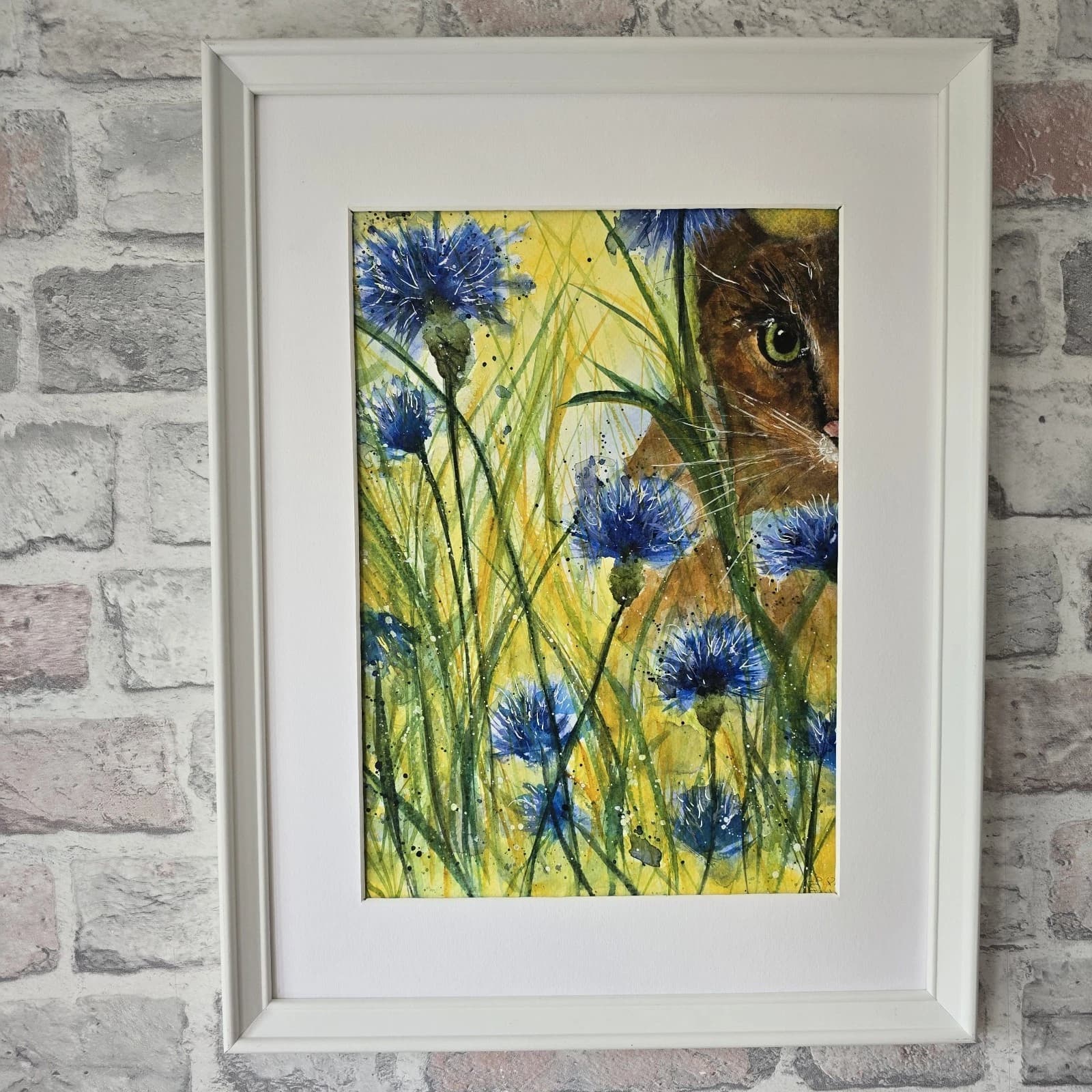 Watercolour Painting Floral Cornflowers Spring Cat Framed thumbnail 5
