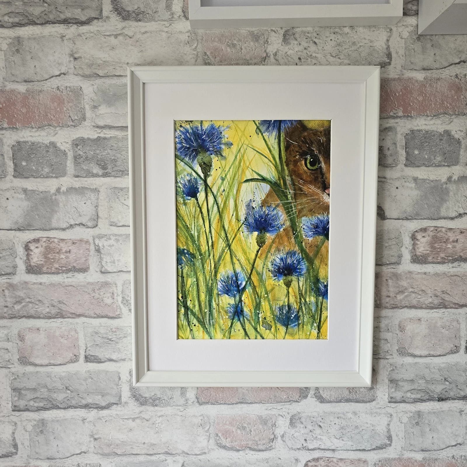 Watercolour Painting Floral Cornflowers Spring Cat Framed thumbnail 6