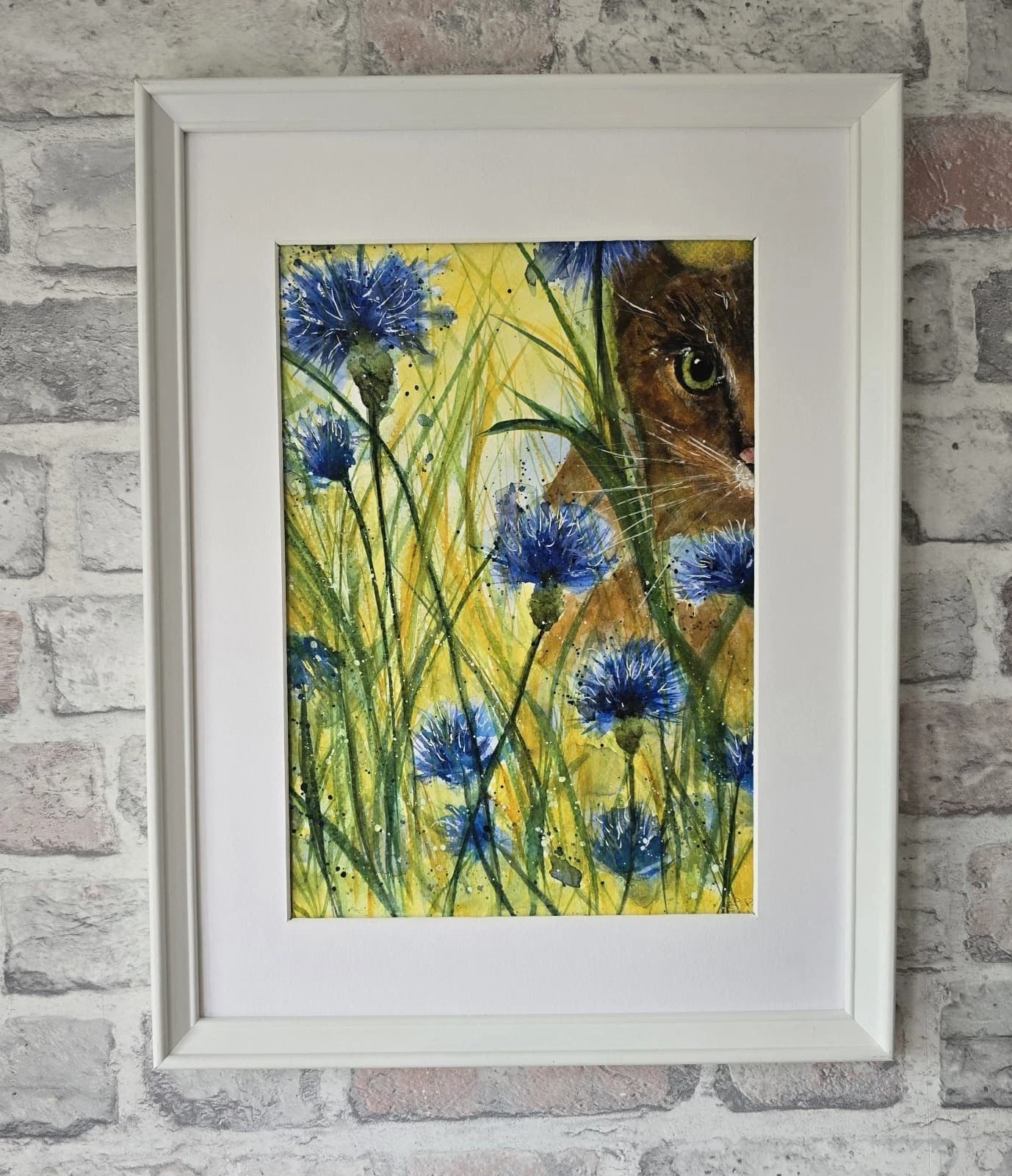 Watercolour Painting Floral Cornflowers Spring Cat Framed thumbnail 8