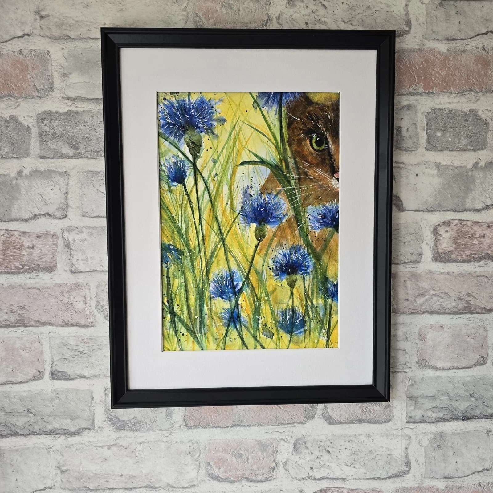 Watercolour Painting Floral Cornflowers Spring Cat Framed thumbnail 9