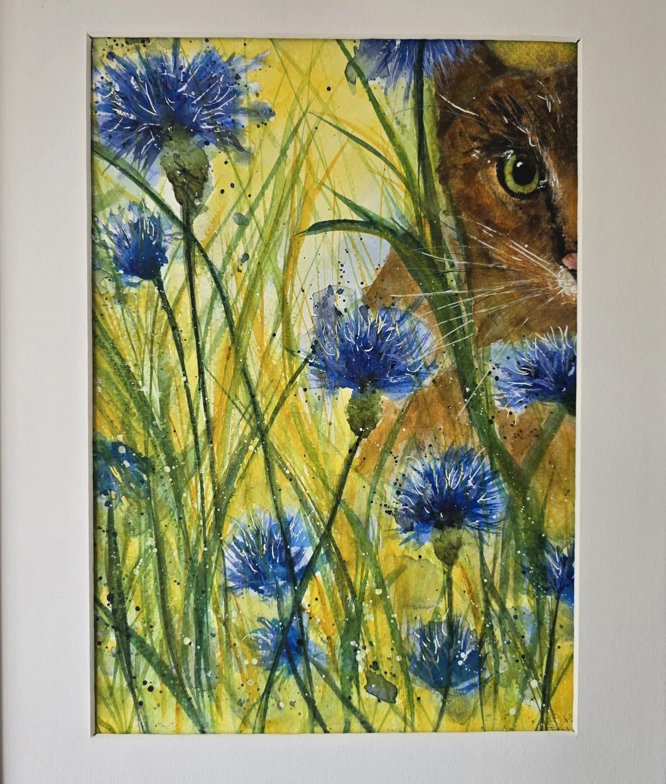 Watercolour Painting Floral Cornflowers Spring Cat Framed thumbnail 10