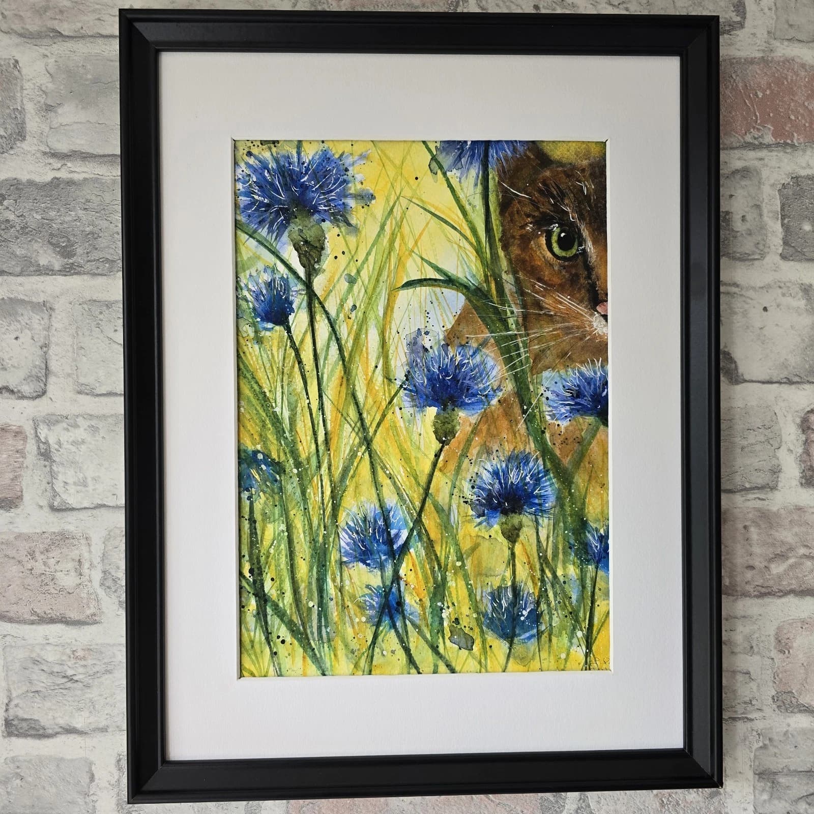 Watercolour Painting Floral Cornflowers Spring Cat Framed