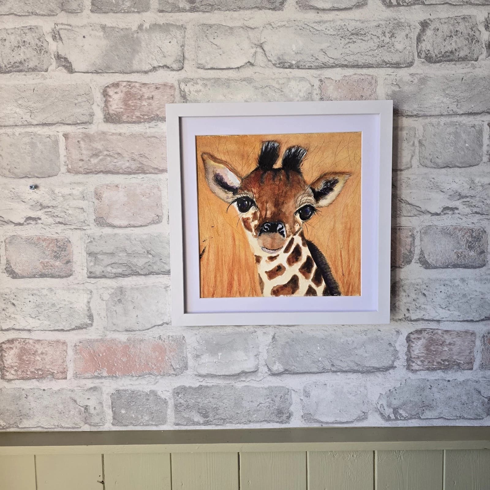 Watercolour Painting Giraffe Calf Baby Portrait Framed Art thumbnail 2