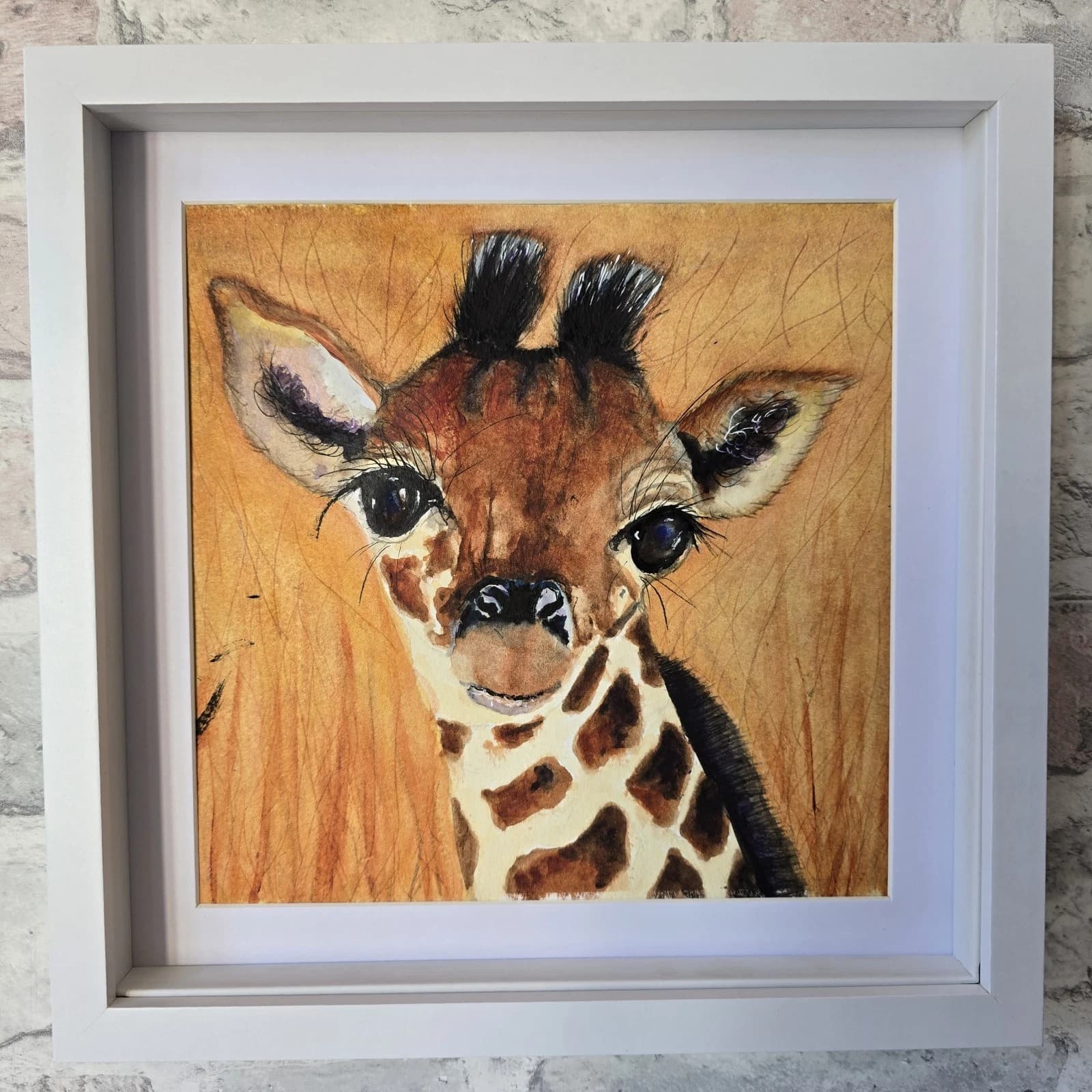 Watercolour Painting Giraffe Calf Baby Portrait Framed Art thumbnail 3