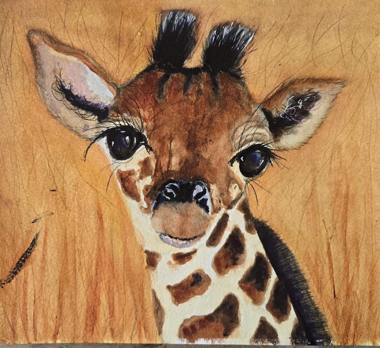 Watercolour Painting Giraffe Calf Baby Portrait Framed Art thumbnail 5