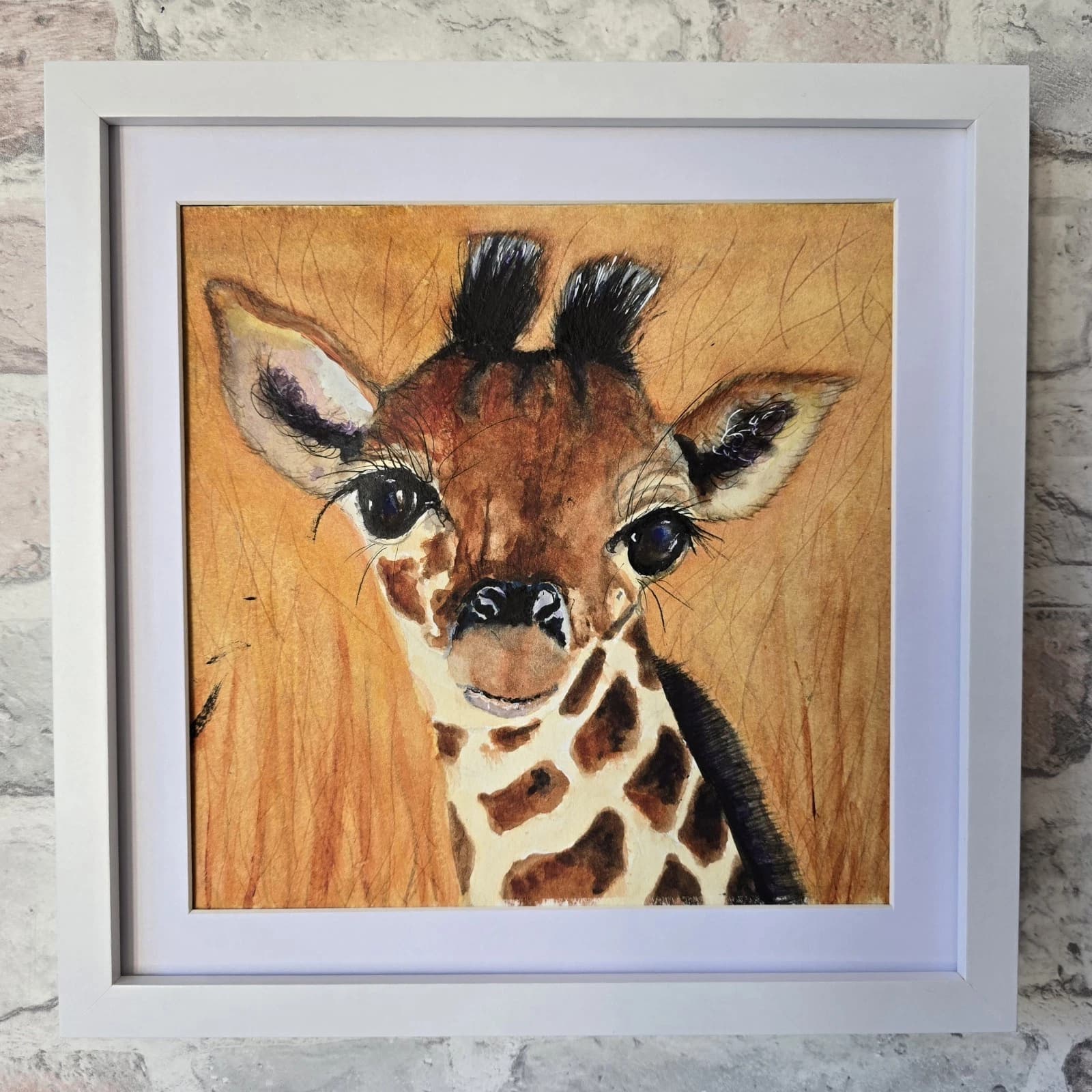 Watercolour Painting Giraffe Calf Baby Portrait Framed Art