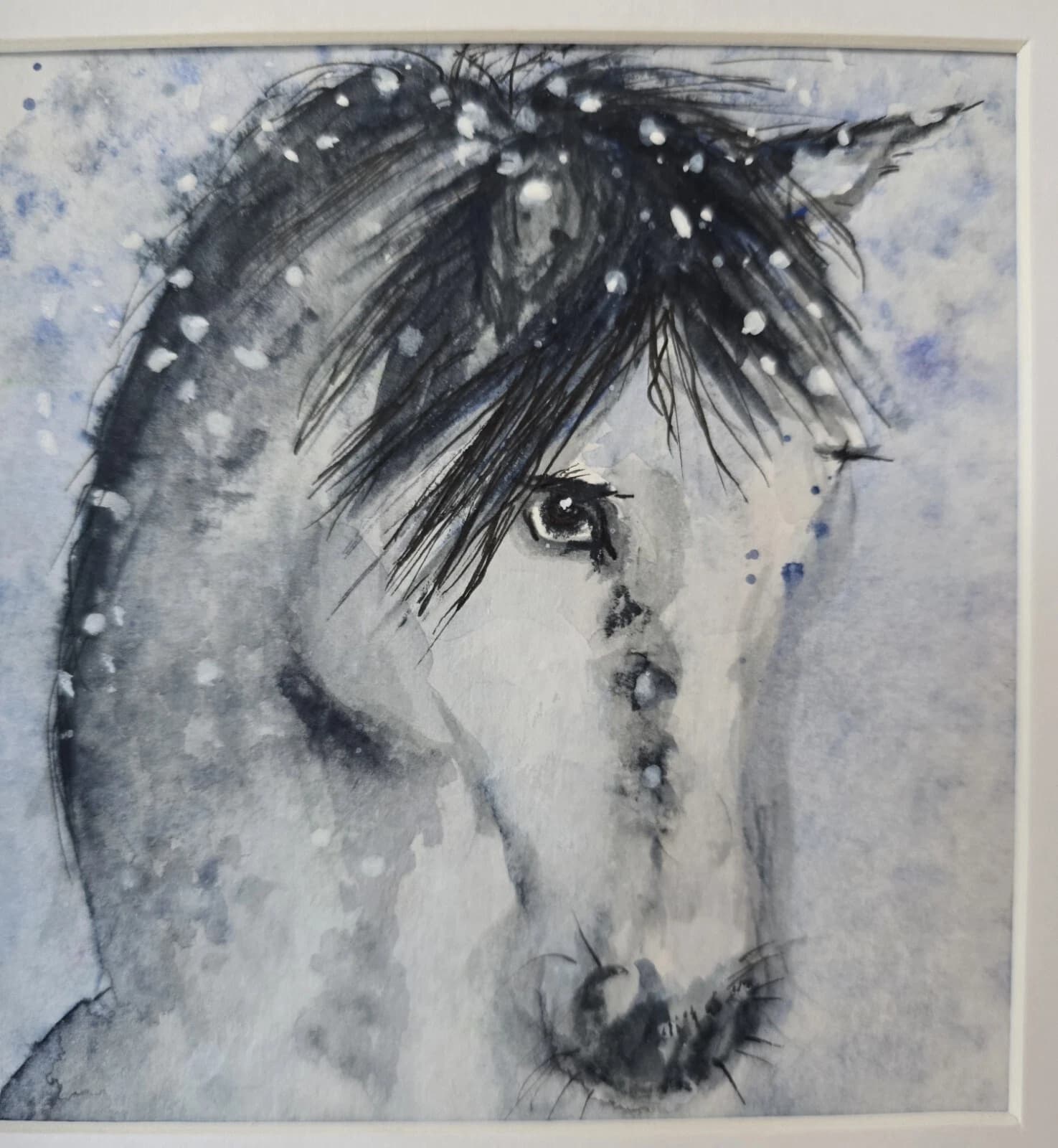 Watercolour Painting Grey White Pony Horse Head Snow Box-Frame thumbnail 2