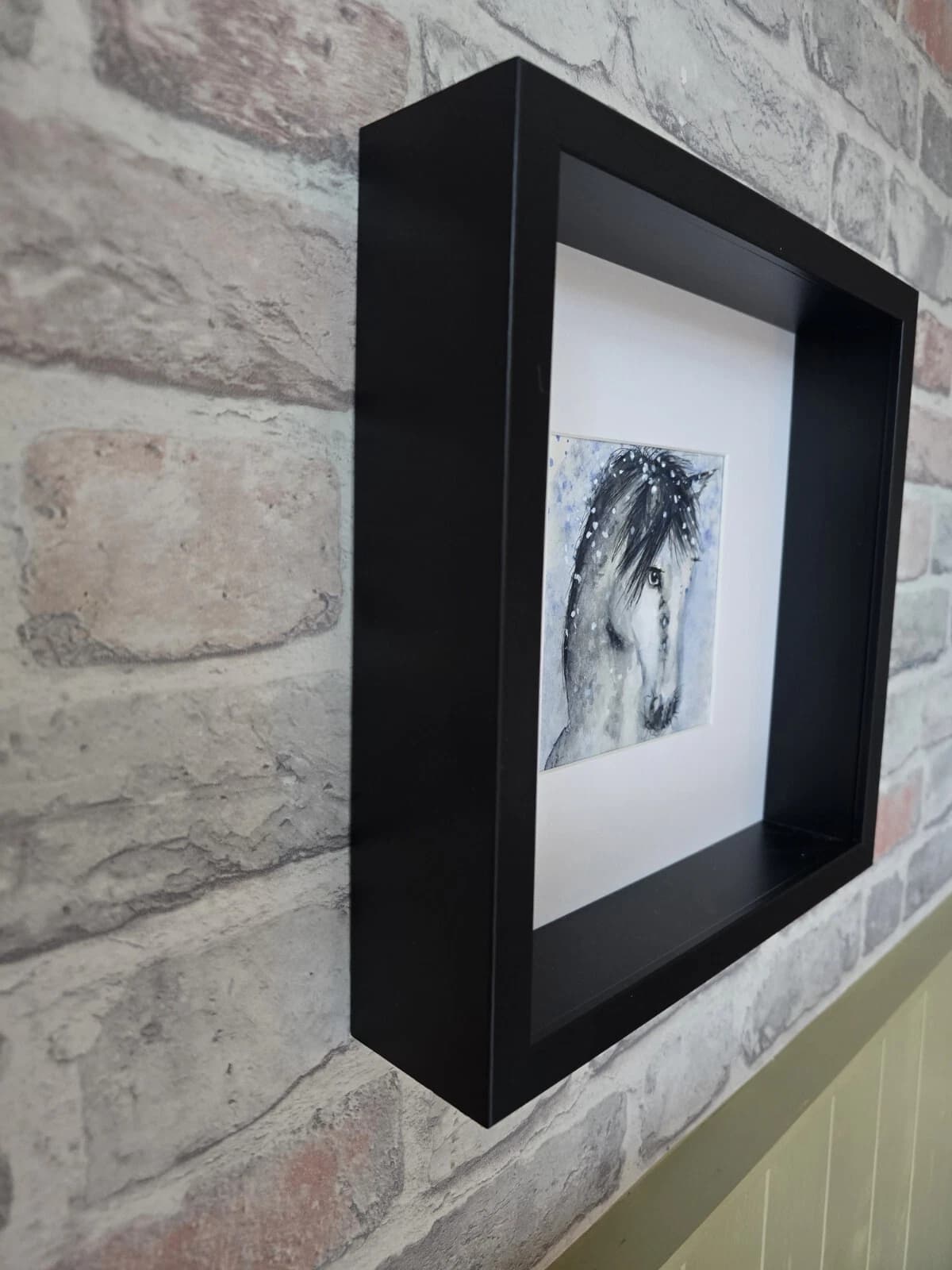Watercolour Painting Grey White Pony Horse Head Snow Box-Frame thumbnail 3