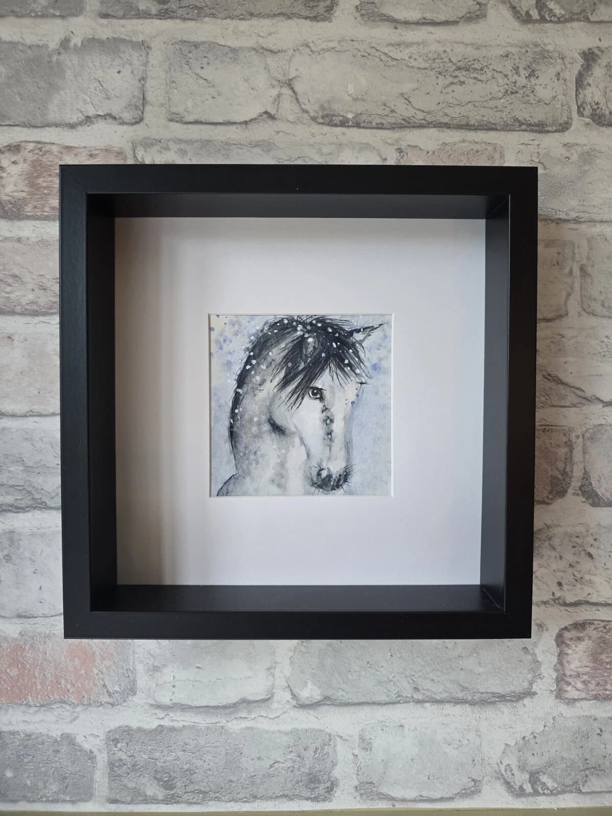 Watercolour Painting Grey White Pony Horse Head Snow Box-Frame thumbnail 4