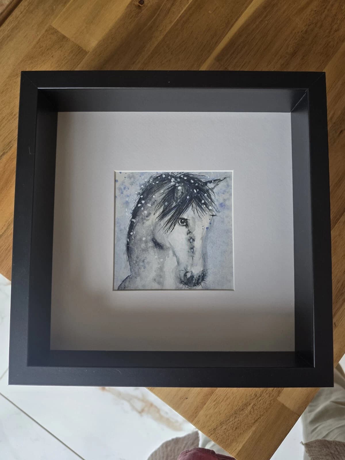 Watercolour Painting Grey White Pony Horse Head Snow Box-Frame thumbnail 5