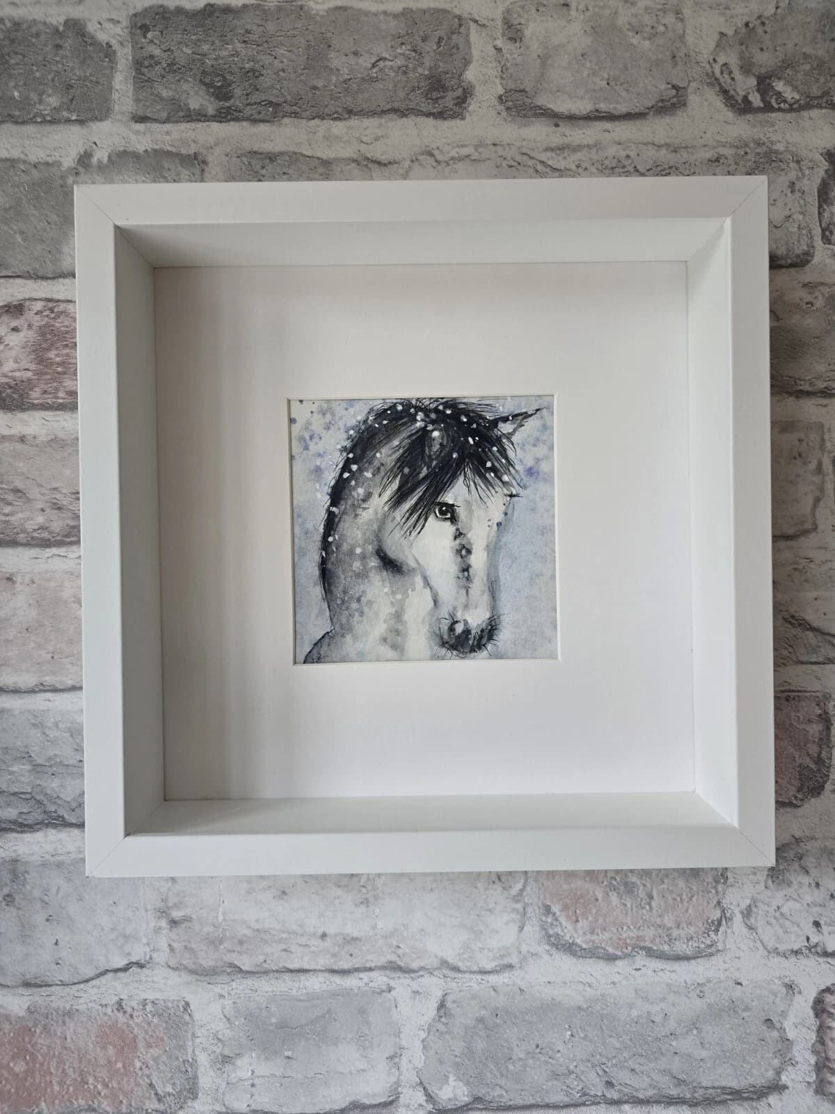 Watercolour Painting Grey White Pony Horse Head Snow Box-Frame thumbnail 6