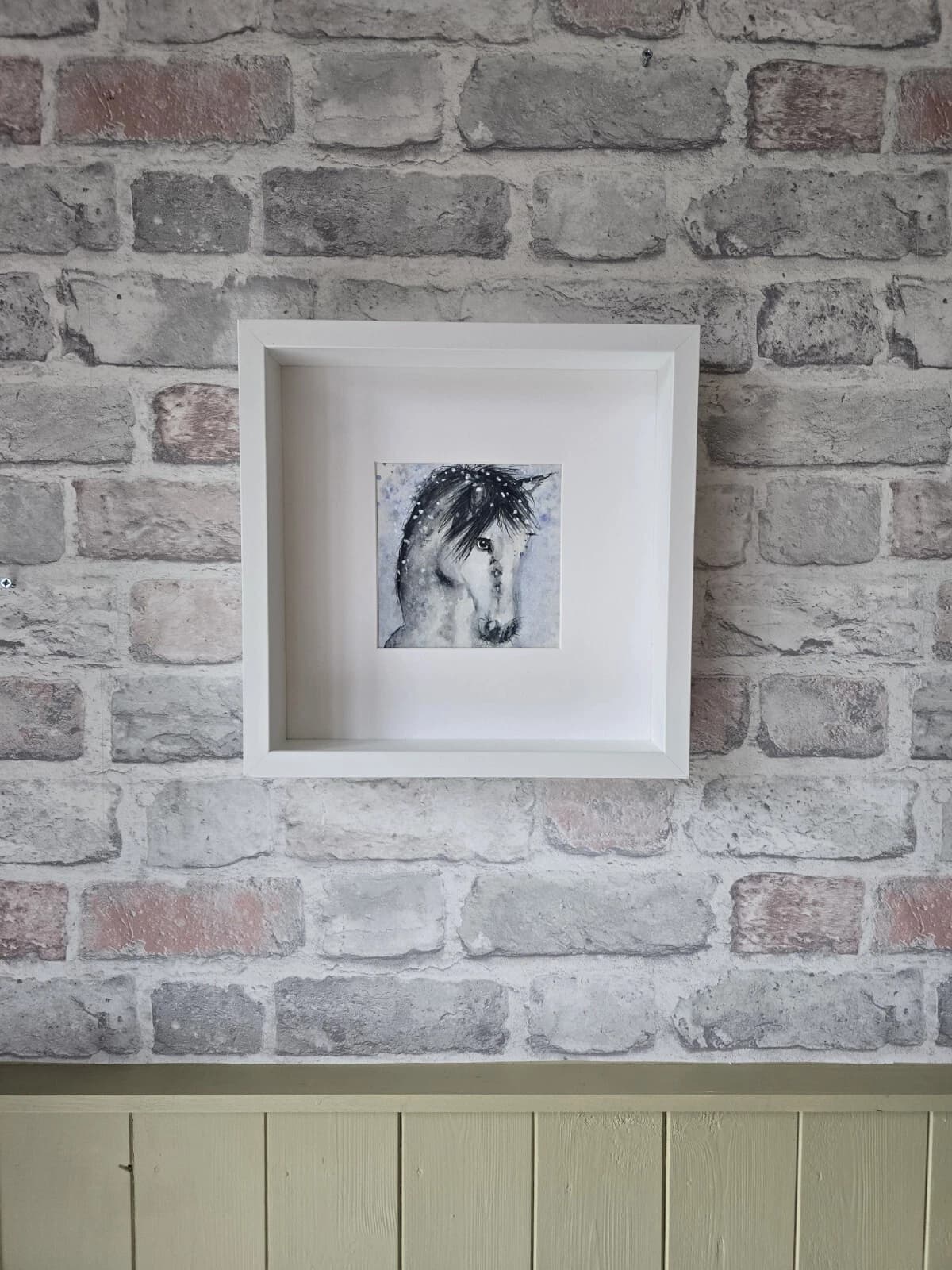 Watercolour Painting Grey White Pony Horse Head Snow Box-Frame thumbnail 7