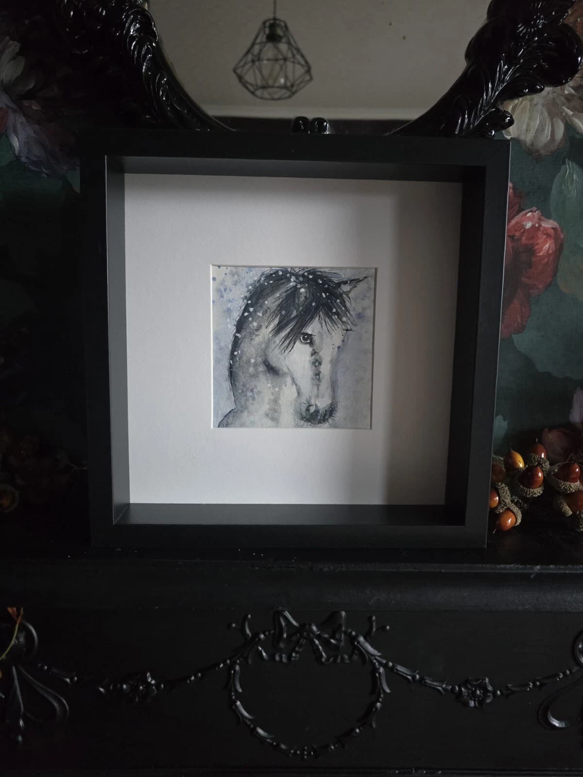 Watercolour Painting Grey White Pony Horse Head Snow Box-Frame thumbnail 8
