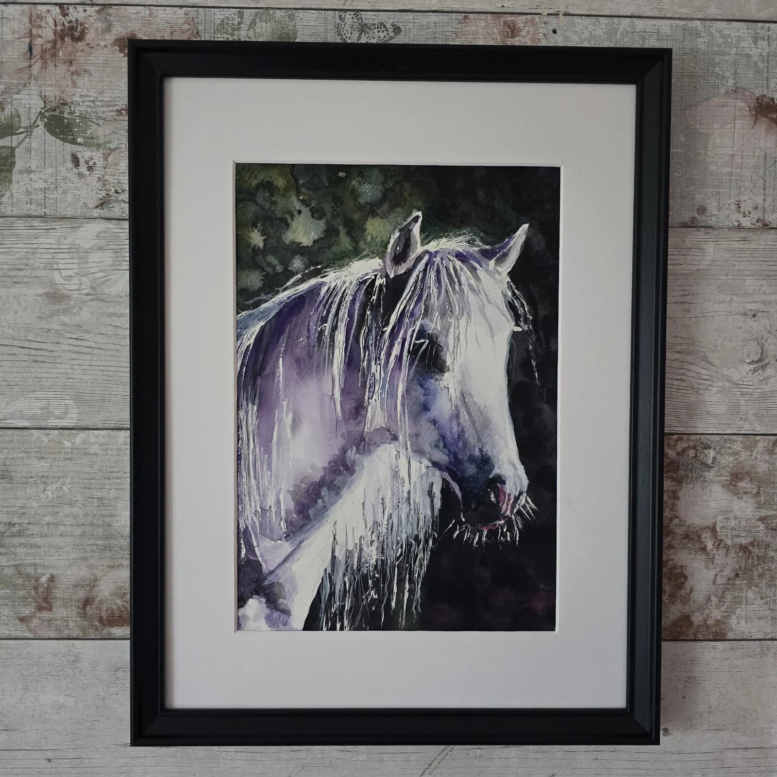 Watercolour Painting Grey White Pony Horse Head Sunlit Framed thumbnail 2