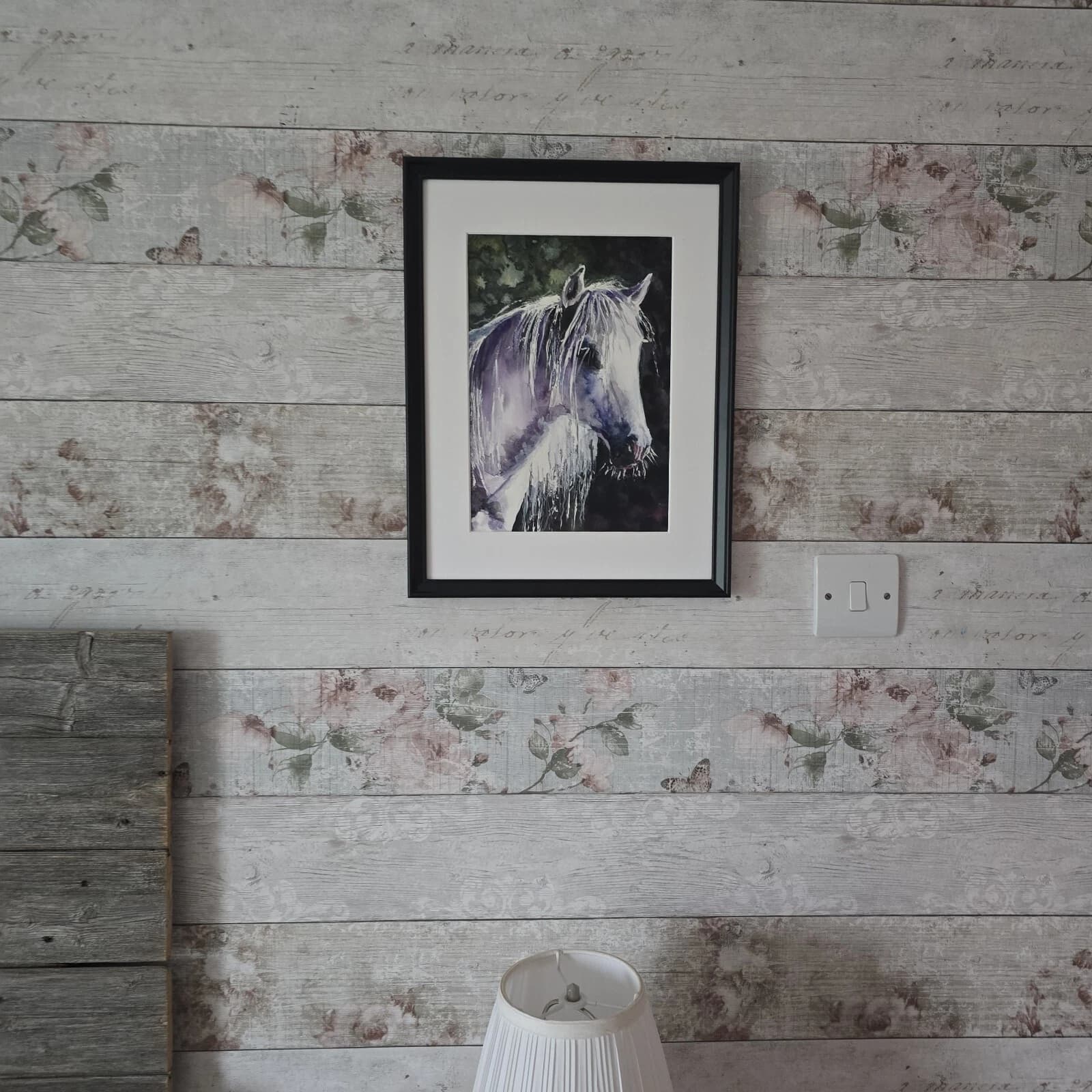 Watercolour Painting Grey White Pony Horse Head Sunlit Framed thumbnail 3