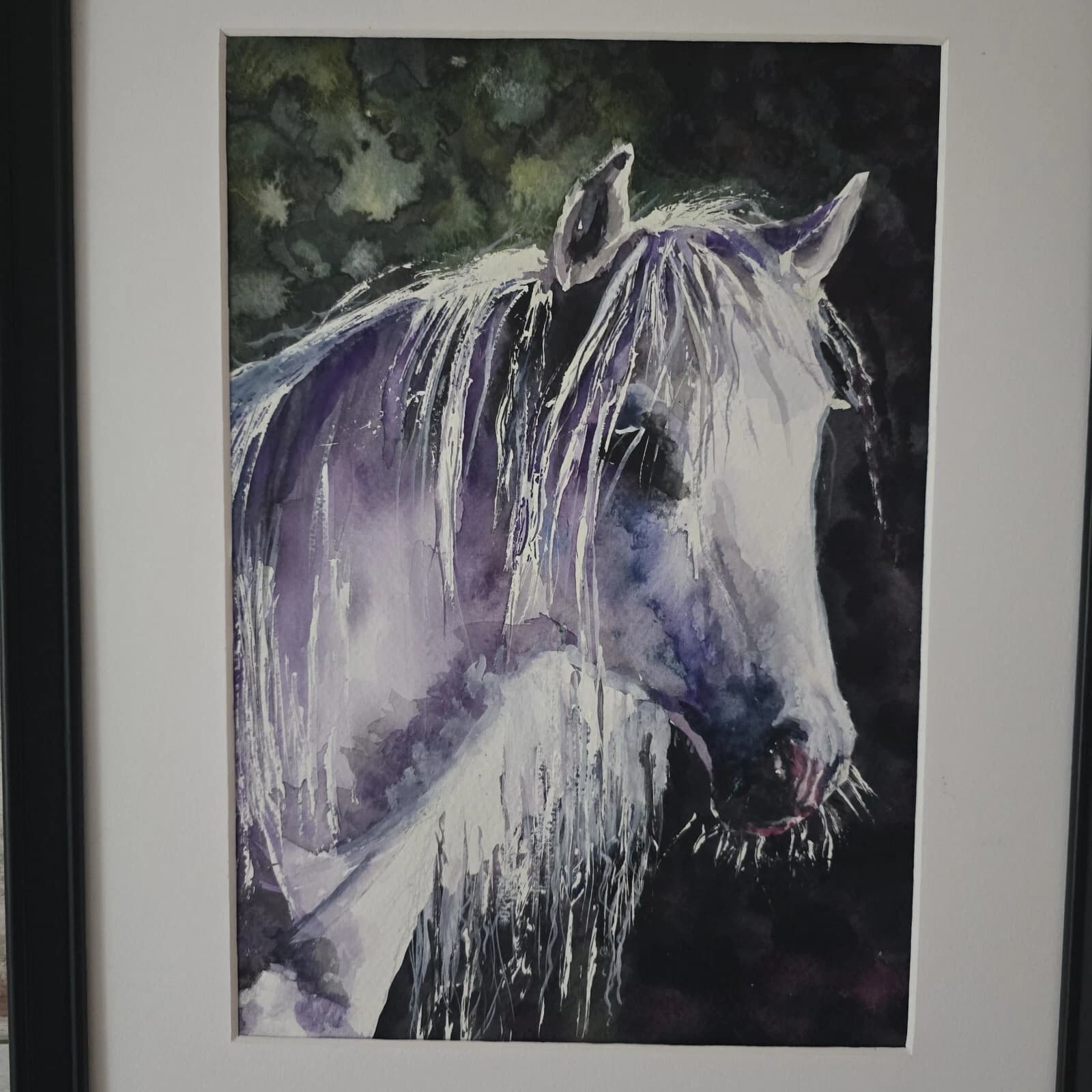 Watercolour Painting Grey White Pony Horse Head Sunlit Framed thumbnail 4
