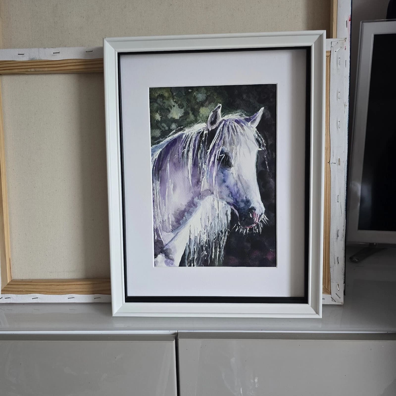 Watercolour Painting Grey White Pony Horse Head Sunlit Framed thumbnail 7