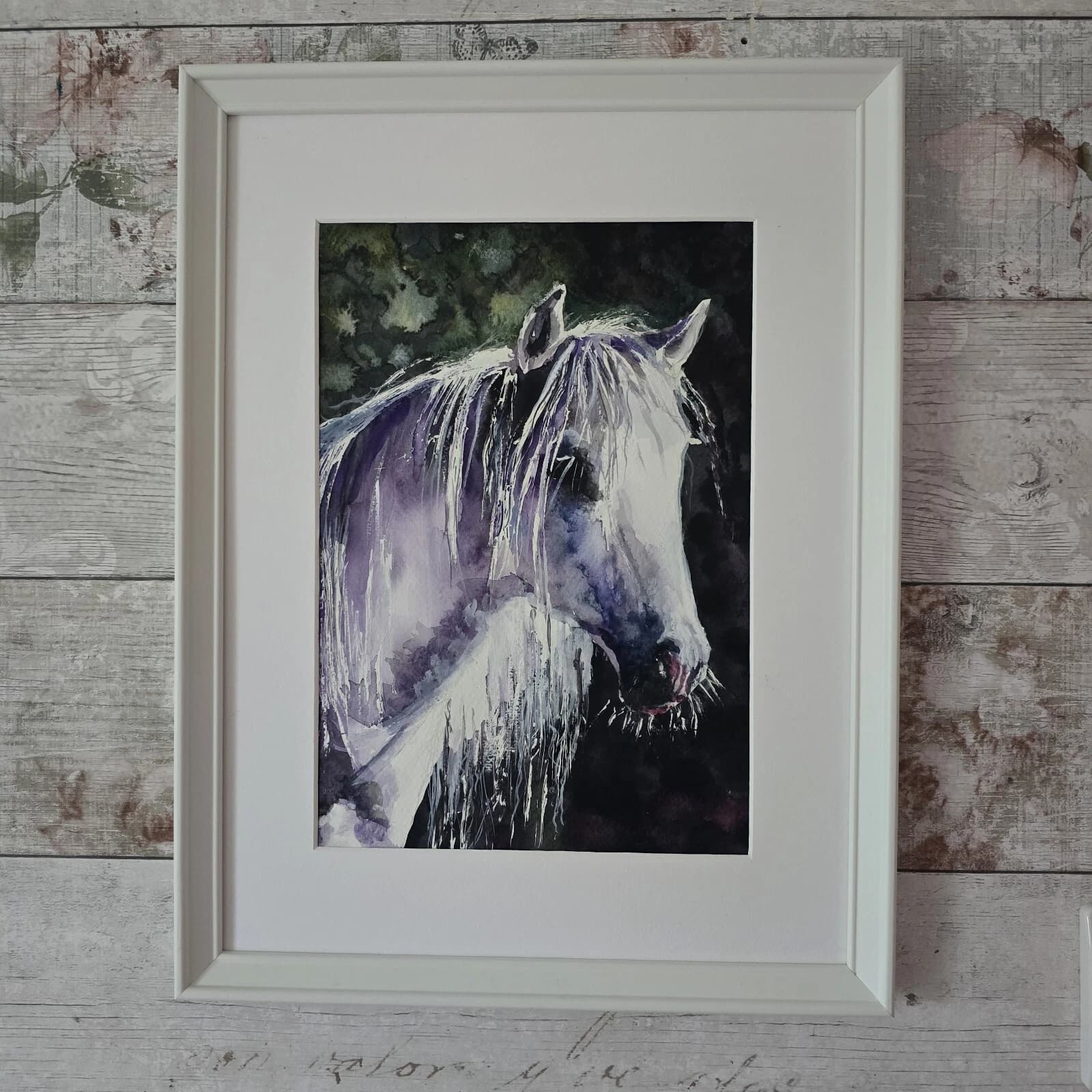 Watercolour Painting Grey White Pony Horse Head Sunlit Framed thumbnail 8