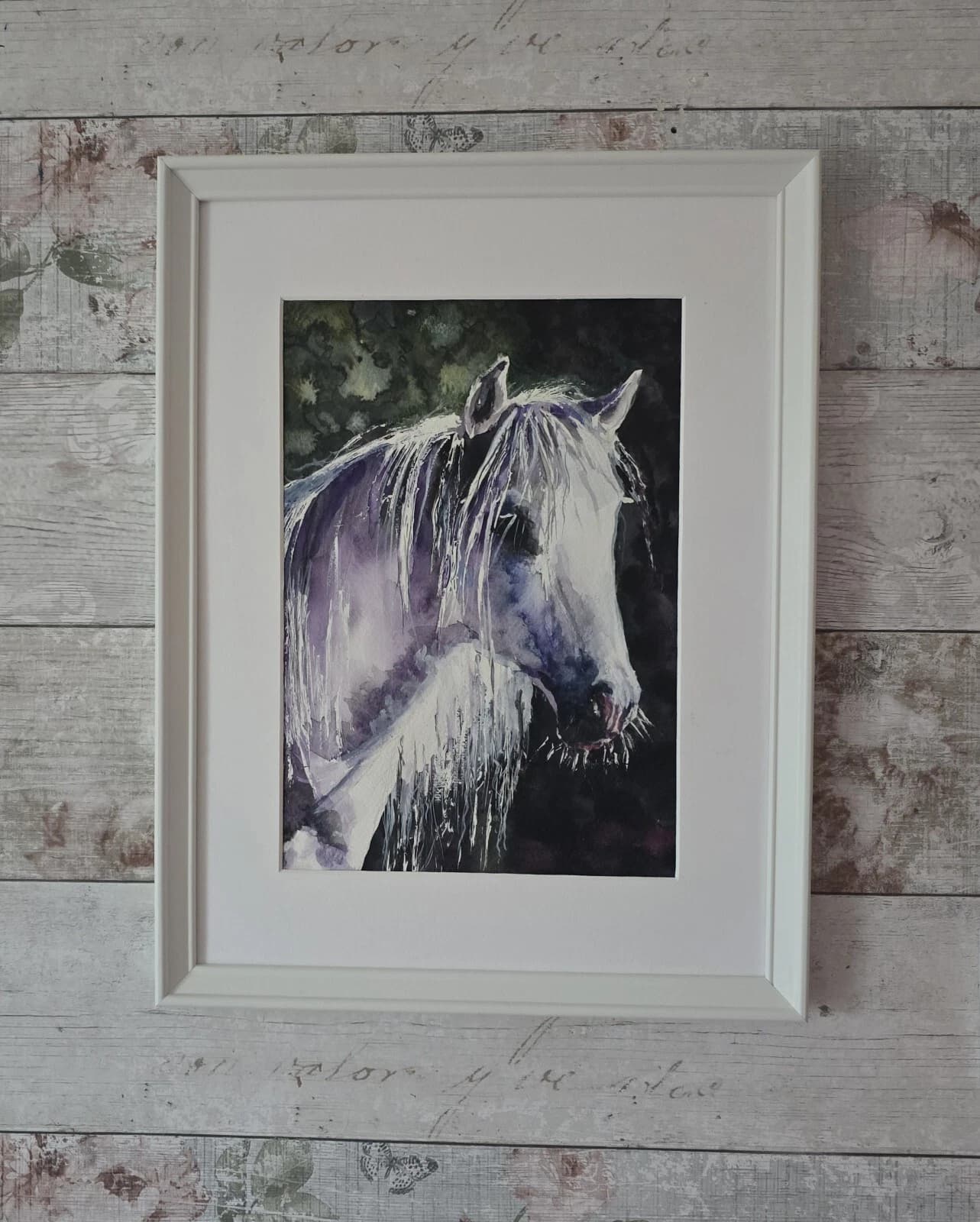 Watercolour Painting Grey White Pony Horse Head Sunlit Framed thumbnail 10