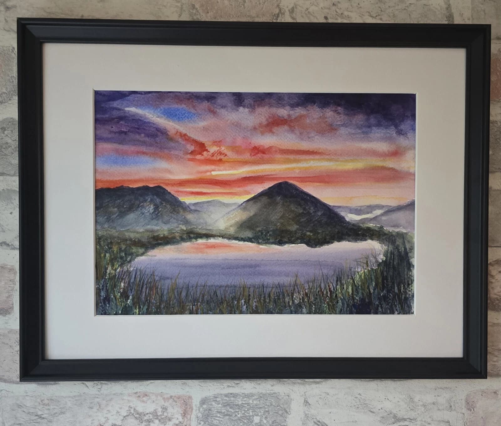 Watercolour Painting Lake District Buttermere Haystacks Sunset Framed