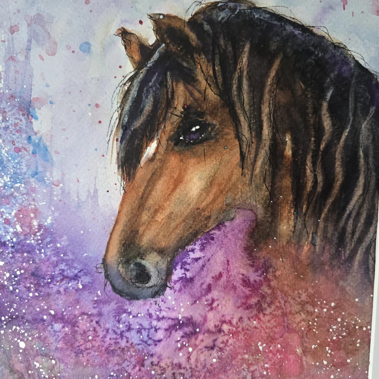 Watercolour Painting Pony Horse Head Floral Fantasy Framed thumbnail 11